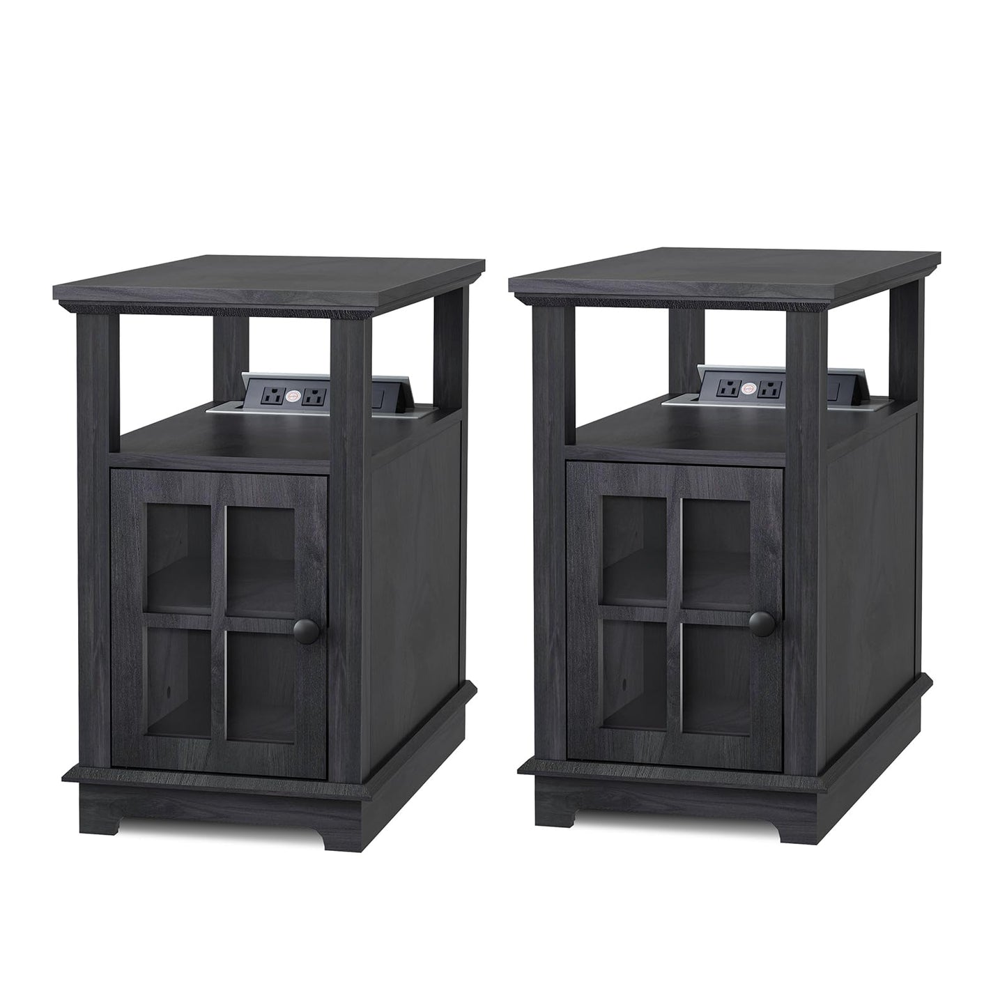 HIFYOBRO Narrow End Table Set of 2 with Charging Station, Bedside Table with Storage, End Table with Power outlets & USB Ports, Wooden Side Cabinet for Bedroom, Living Room