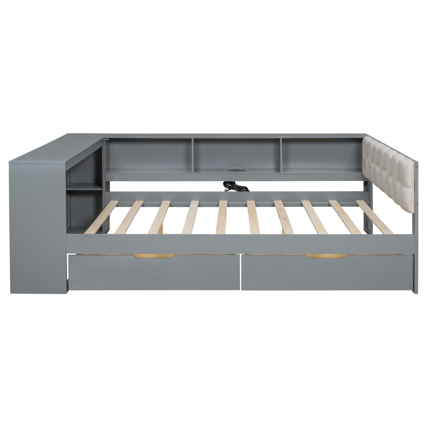 Ball & Cast Full Size Wood Daybed with Storage Shelves and Built-in Desk,Platform Bed w/Under-Bed Drawers & Charging Station,Upholstered Headboard,No Box Spring Needed,for Student Dorms,Gray