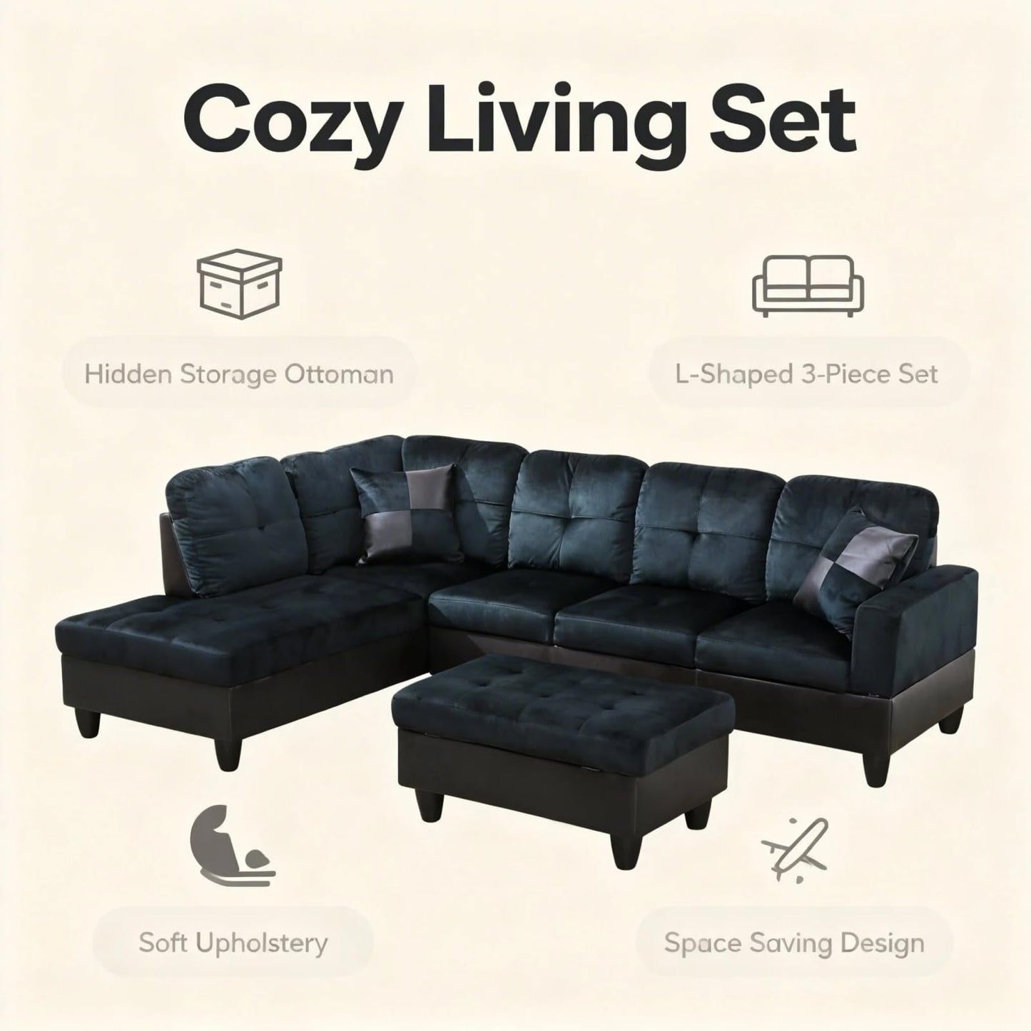 Trygoal 104 inch L-Shape Sofa with Storage Ottoman, Lint Sectional Couch with Left Chaise, Modern 3-Piece Sofa Set, Upholstered Couch Set with Solid Wood Frame for Apartment, Dark Blue Brown