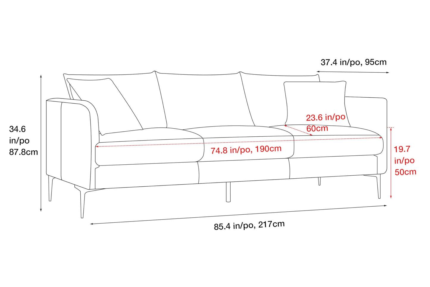 Valencia Jasper 85" Cognac Tan Brown 3 Seater Full Leather Couch | Mid Century Sofa with 2 Pillows for Living Room Furniture | Plush Cushions, Nappa Leather Lounge Couch