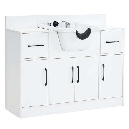 BarberPub Multi-Functional Shampoo Backwash Sink Station with Shampoo Bowl for Hair Stylist, Salon Spa Beauty Cabinet with Faucet Sprayer, Barber Storage Equipment 7139 (White)