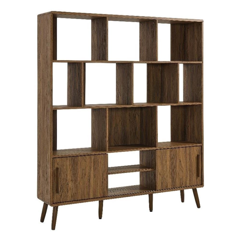 Modway Transmit 14 Shelf Bookcase with Sliding Doors in Walnut - 59 Inch Wood Mid-Century Modern Bookshelf - 4 Tier Wide Open Display Storage Cabinet for Living Room, Office, Hallway