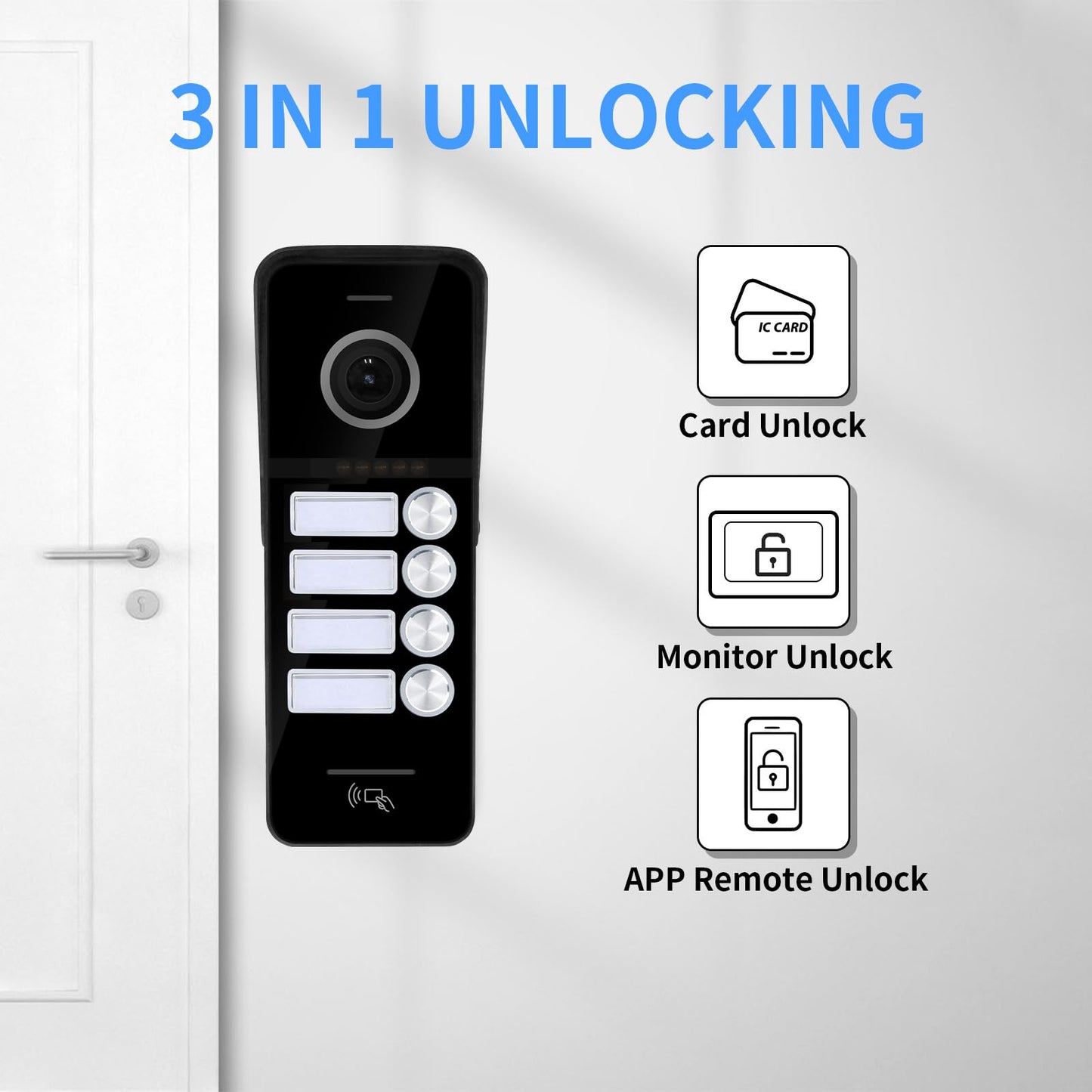 Wired Video Doorbell Apartment Intercom System,4 Family Units 10 Inch Touch Monitor,3 in 1 Unlocking,Dual Way Intercom Motion Detection Tuya for Villa Home (1 Doorbell(b)+ 4 Monitor(b))