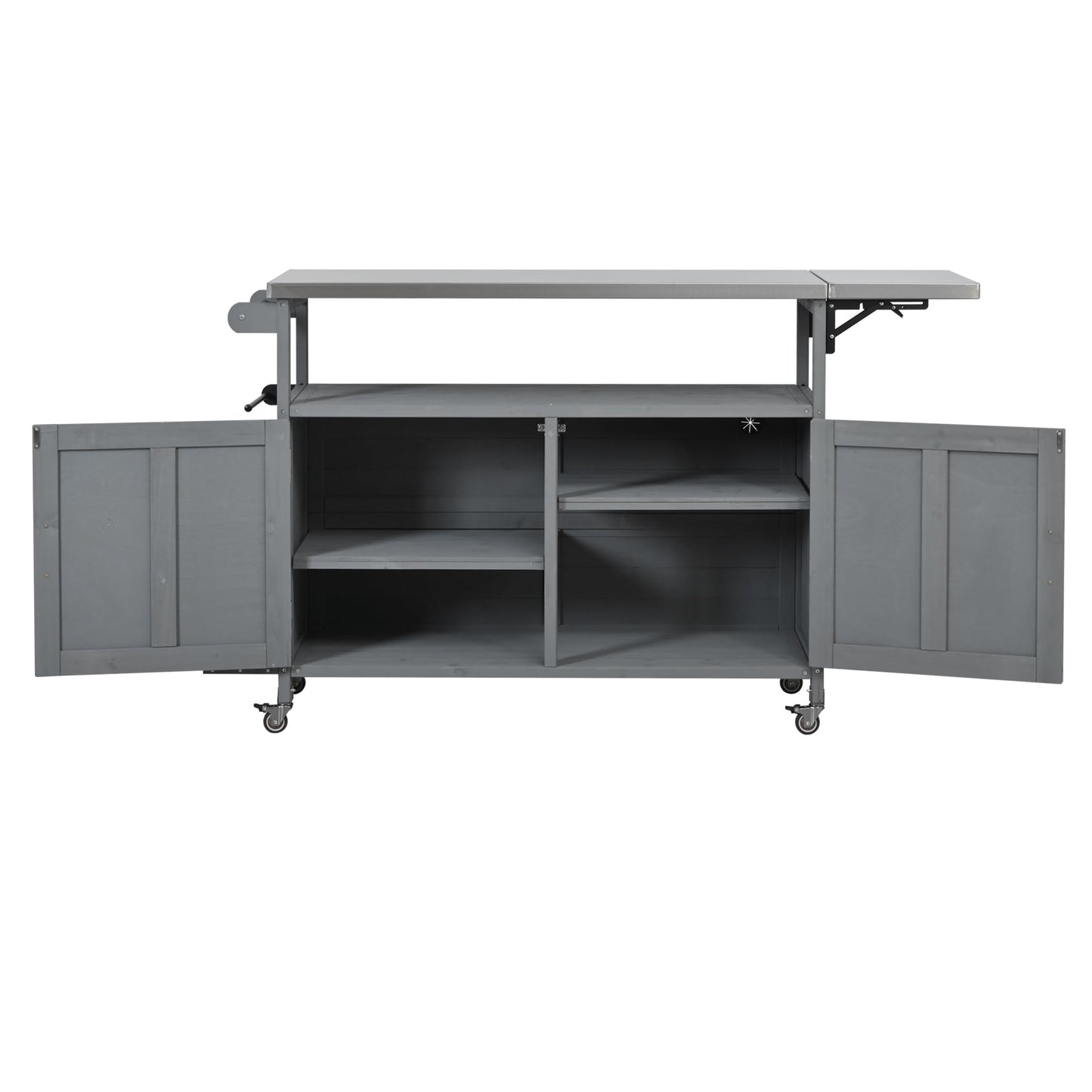 Outdoor Kitchen Island Cart with Foldable Stainless Steel Top, Rolling Grill Table with Adjustable Shelf Storage Spice Rack and Towel Holder, Wooden BBQ Prep Station with Lockable Wheels, Grey