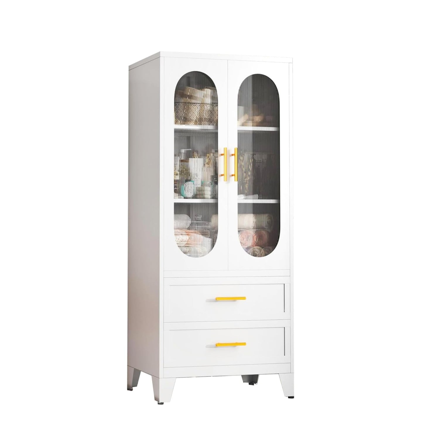GarveeLife Tall Pantry Cabinet 73" h x 14" d, White Freestanding Storage Cabinet with 2 Large Drawers & Adjustable Shelves & Fluted Glass Door for Kitchen, Bathroom, Office & Hallway