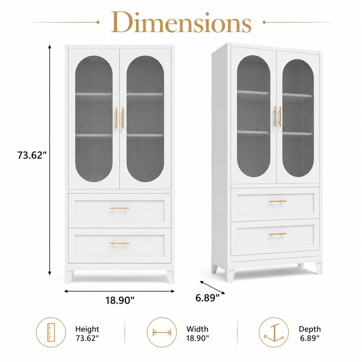Garvee 74" H Storage Cabinet, Freestanding Pantry Cabinet, Frosted Glass Doors, Fluted Design, 4 Door Cabinet with Adjustable Shelf, Kitchen Bathroom Dining Room Living Room Office, White