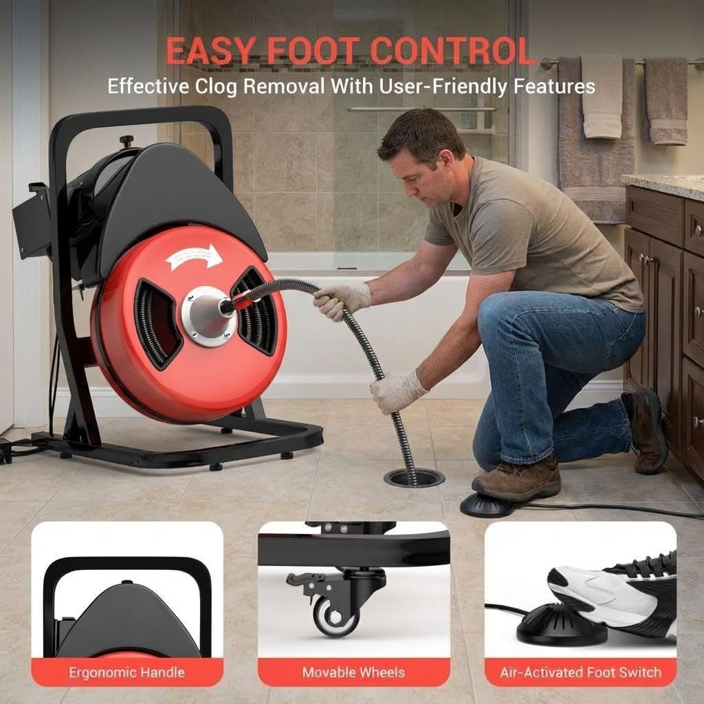 50ft x 1/2" Auto-Feed Drain Snake Cleaning Machine - 450W Electric Sewer Auger with 4 Cutters & Wheels for Sink, Toilet, Floor Drain