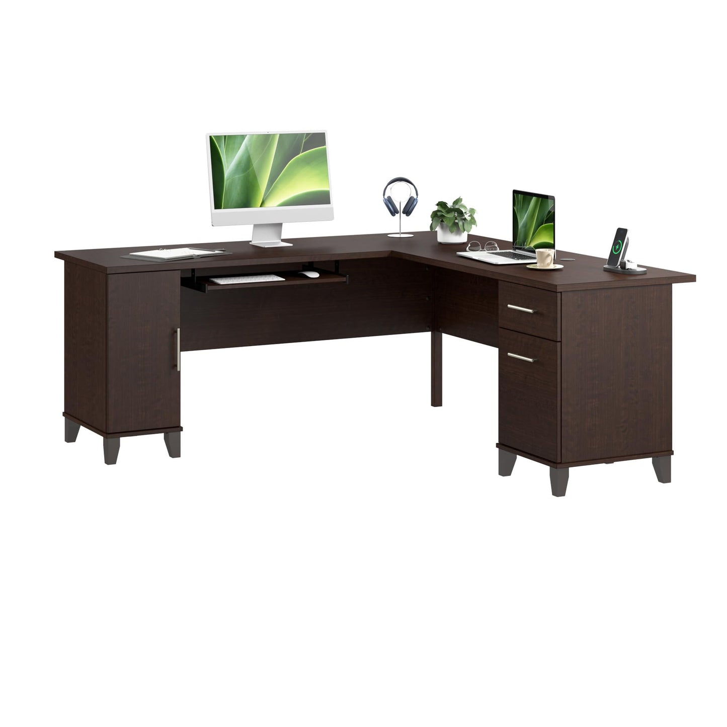 Bush Home 72-Inch L-Shaped Desk with Storage, Corner Computer Office Desk with File and Box Drawers, Home Office Workstation with Storage Cabinet, Somerset Collection, Mocha Cherry