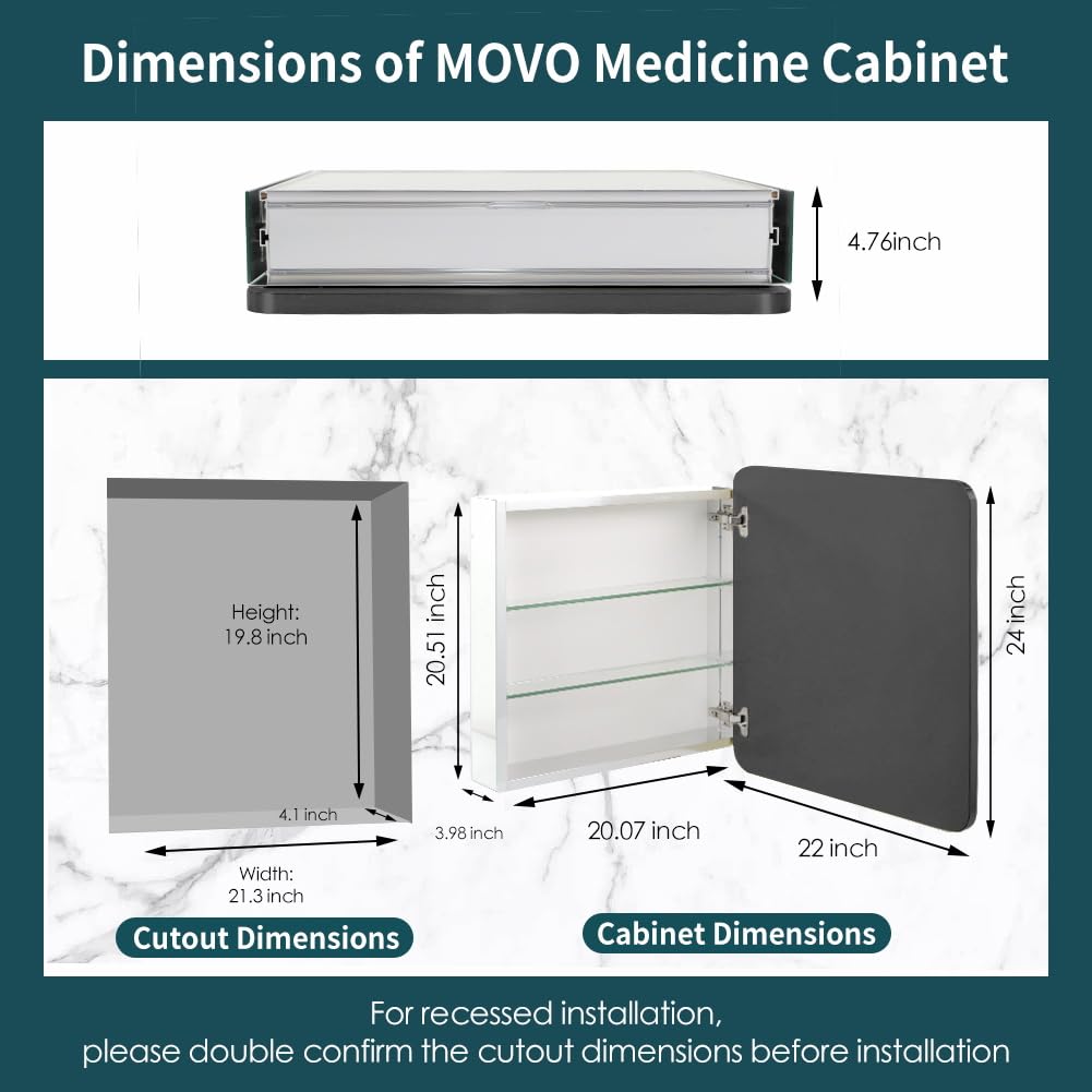 Movo 24 inch X 22 inch Medicine Cabinet with Mirror,Black Medicine Cabinets for Bathroom,Adjustable Glass Shelves, Waterproof and Rust-Resist,Recessed or Surface Mount Medicine Cabinet