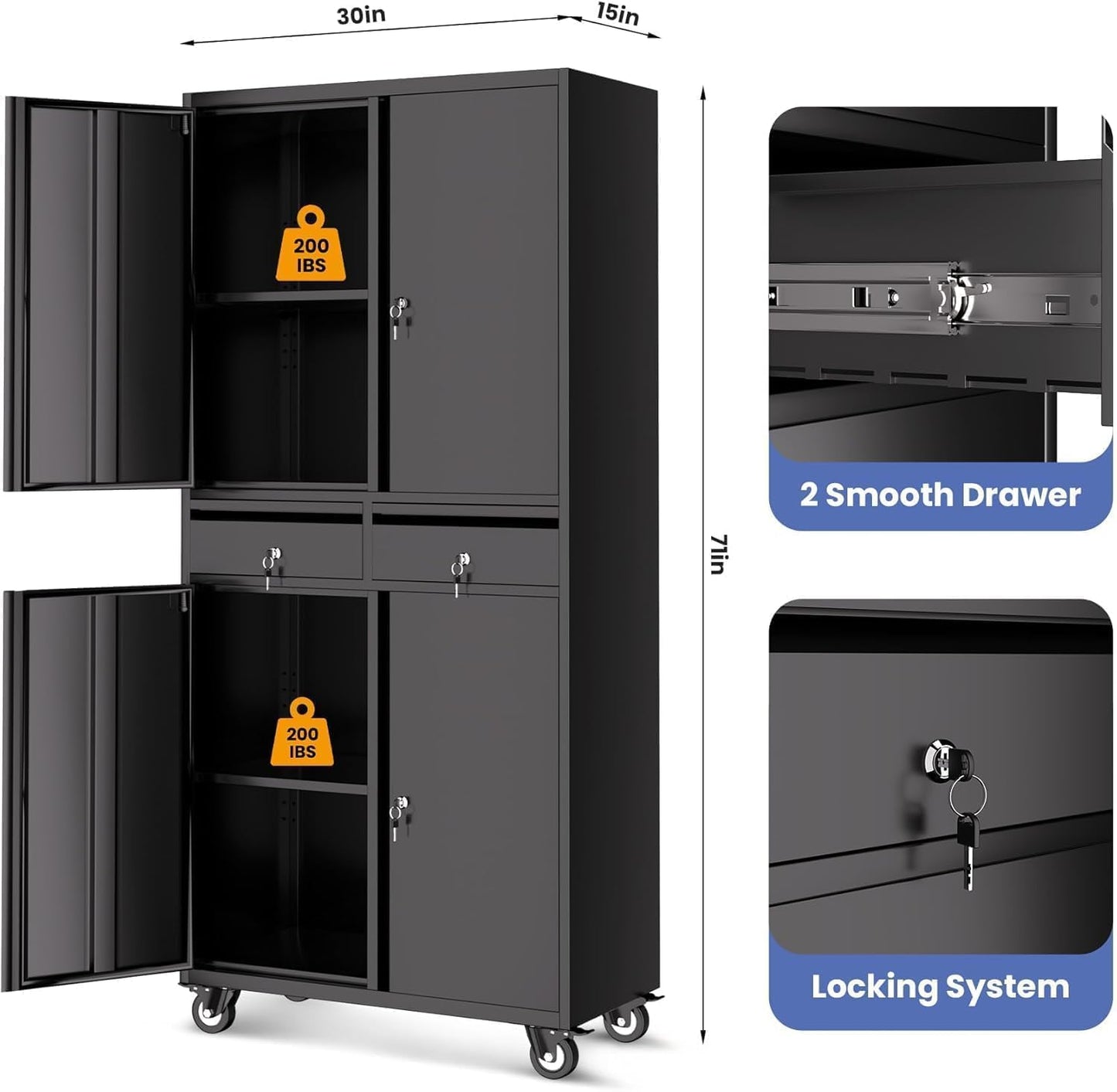 IDEALHOUSE 73'' Metal Storage Cabinet, Heavy Duty Garage Storage with Wheels, Locking Doors and 2 Drawers, Adjustable Shelves for Garage, Workshop, Office, Black