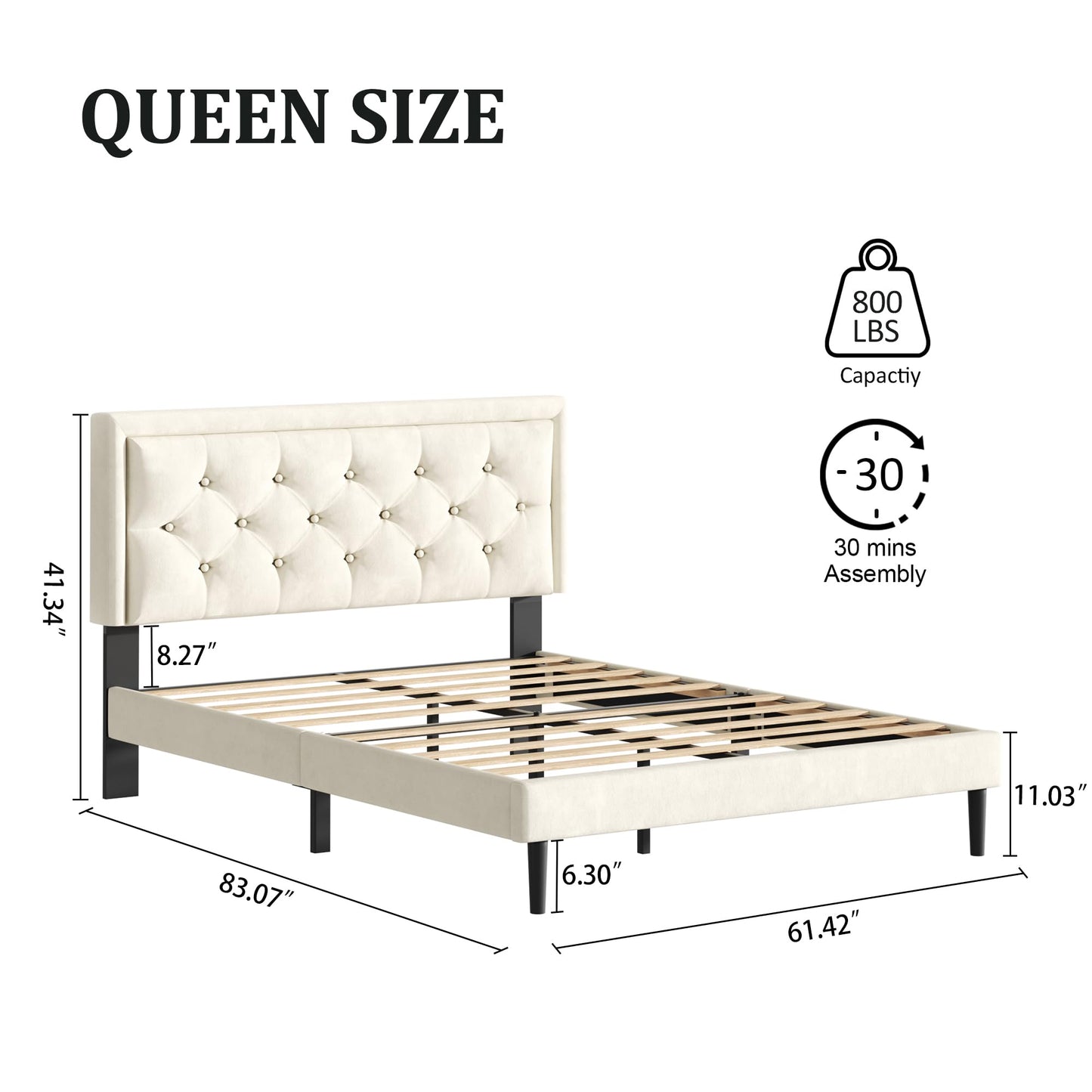 CXVX Queen Size Platform Bed Frame with Upholstered Velvet Button Tufted Headboard, Mattress Foundation with Wooden Slat Support, No Box Spring Needed, Easy Assembly, Noise Free, Beige