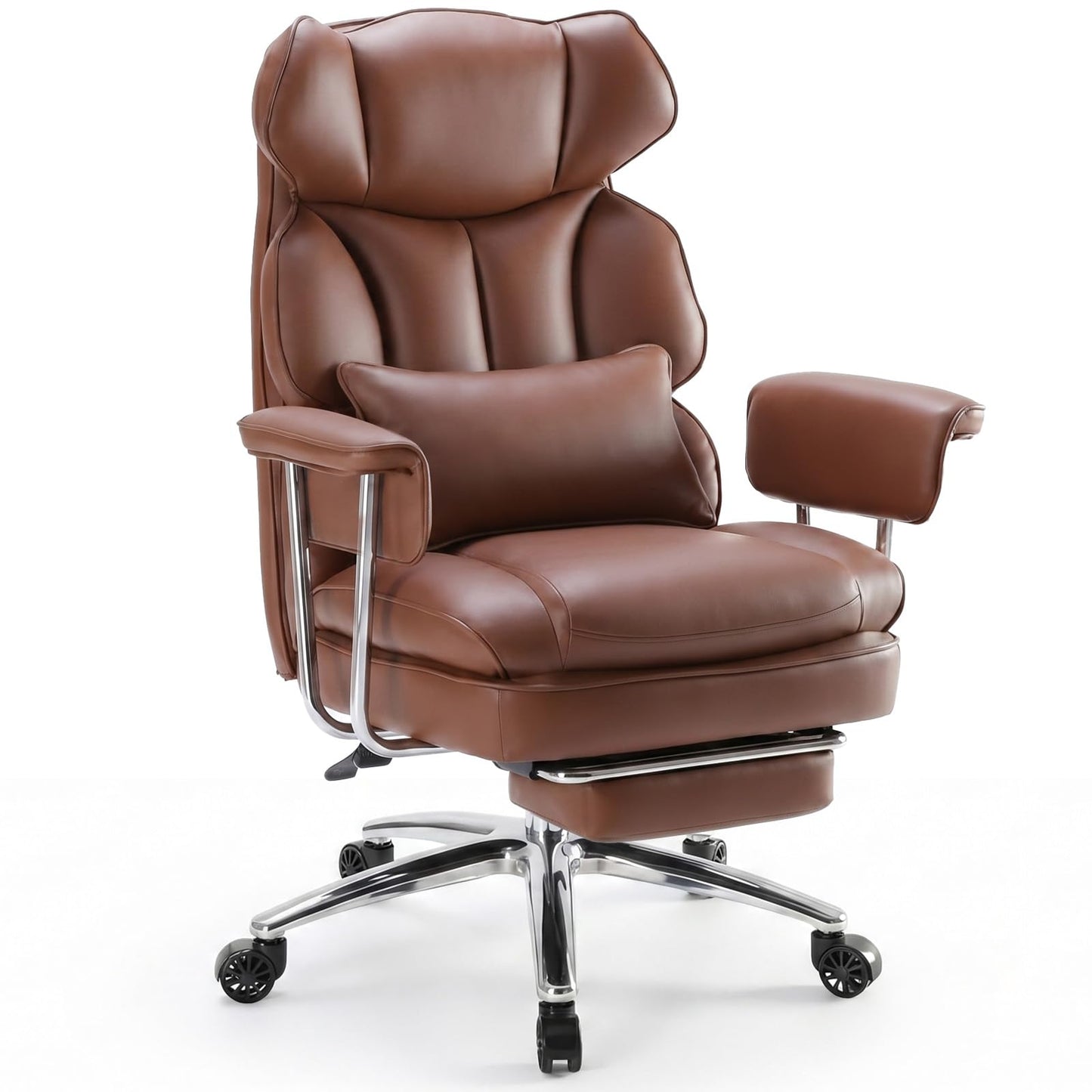 Sweetcrispy Executive Home Office Desk Chair - Ergonomic Big Tall High Back with Footrest & Lumbar Support, Reclining Height Adjustable, Comfy PU Leather Computer Gaming with Swivel Wheels, Brown