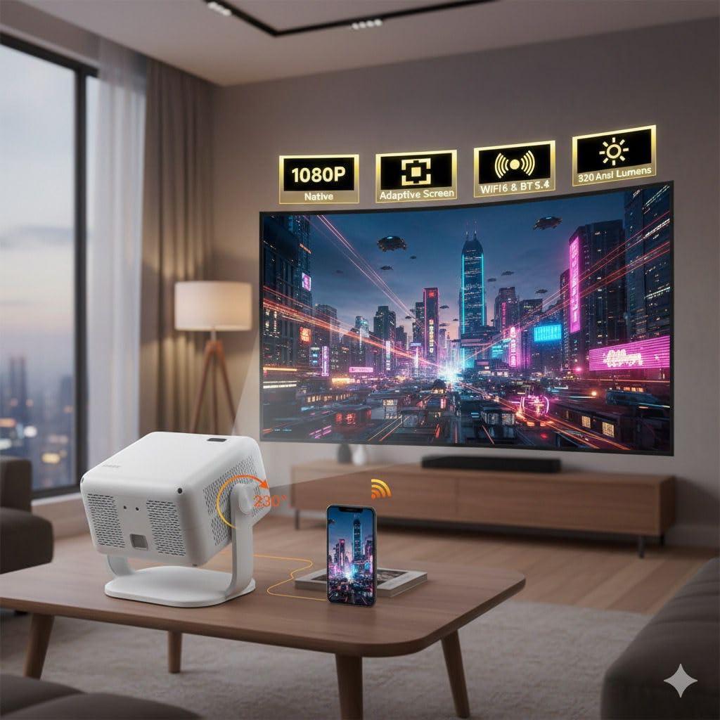 Smart Mini Projector with WiFi & Bluetooth, Native 1080P Full HD Portable Projector with Auto Focus & Keystone, Built‑In Apps, HDMI/USB, Small Home Theater Movie Projector for Indoor & Outdoor Use