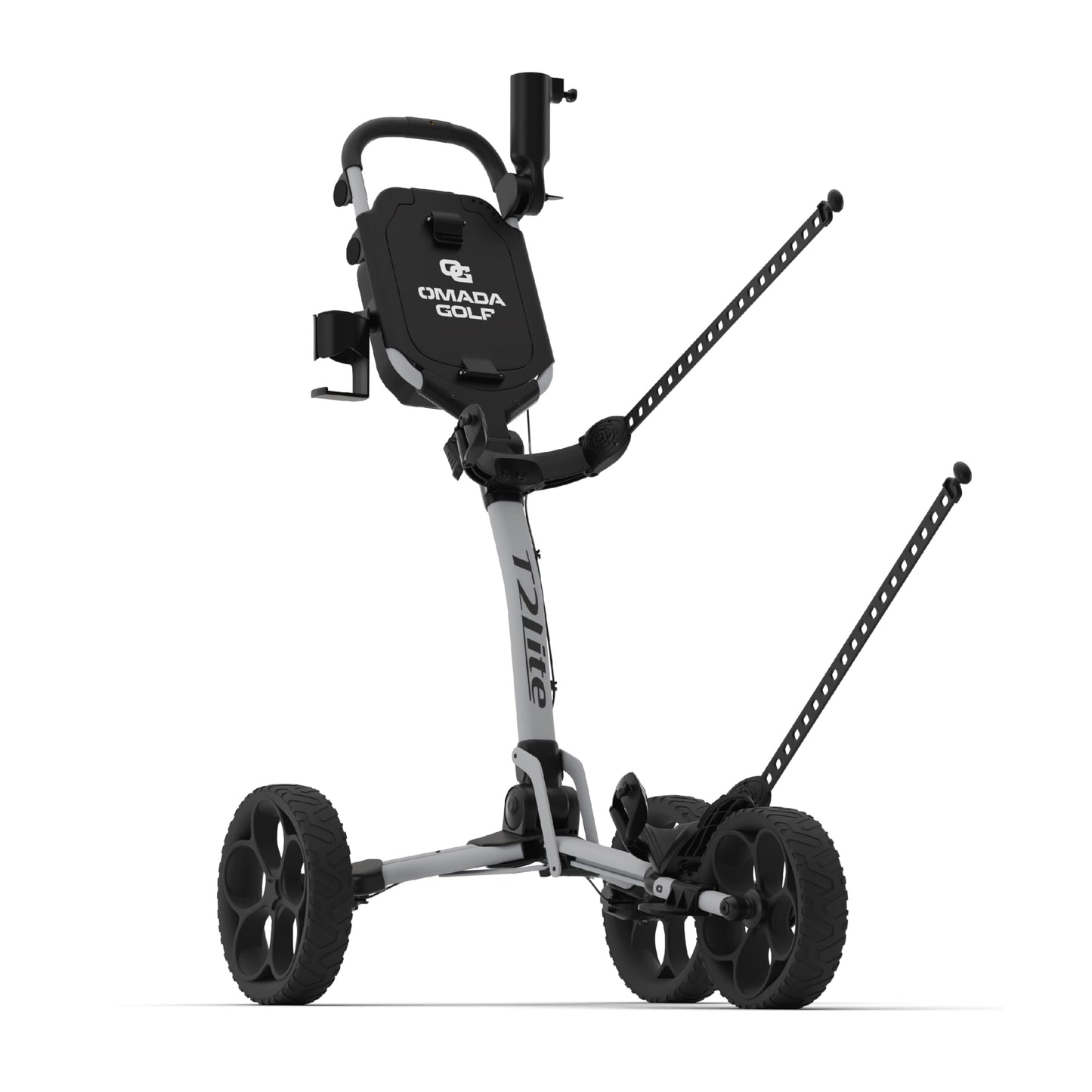 OMADA GOLF T2Lite Golf Push Cart | Lightweight, Ultra-Compact Folding Golf Cart | Large All Terrain Wheels | Umbrella Holder Included | Deep Storage Console | Adjustable Handle, Handbrake + Cup Holder