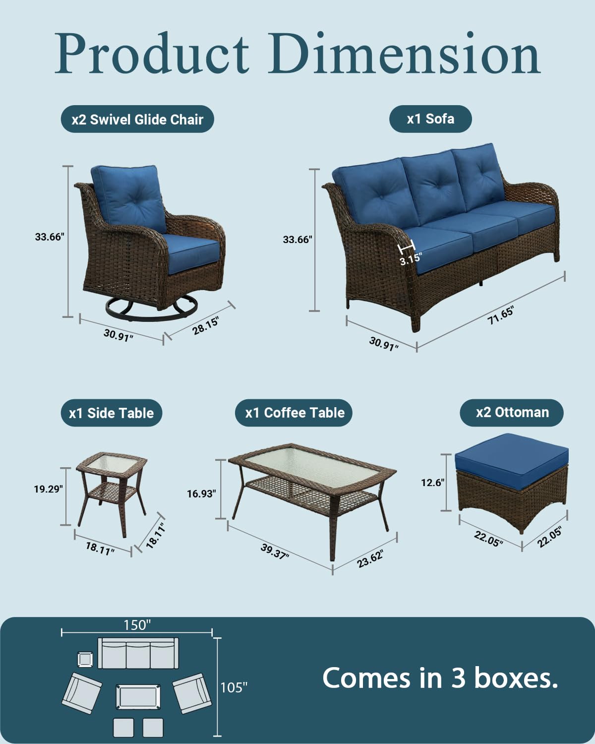 SAILARY Patio Furniture Set, 7PCS Outdoor Wicker Conversation Set with 6" Thick Cushions, High Back Rattan Sofa & Swivel Rocker Chairs, Weather Resistant Olefin Fabric for Garden, Poolside, Navy Blue