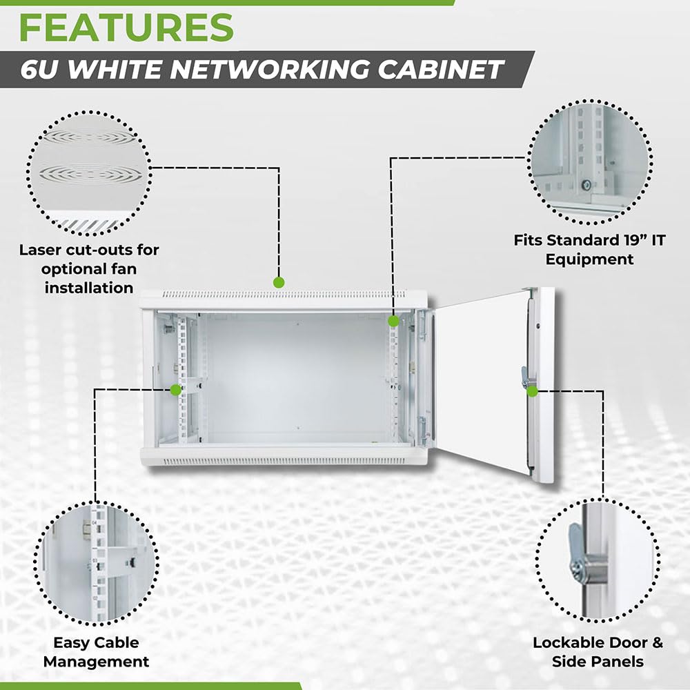 NavePoint 6U Network Cabinet with Glass Door – 6U Wall Mount Server Cabinet White 19” Rack for IT Equipment, AV Devices, Networking Equipment –17” Deep Server Rack Enclosure