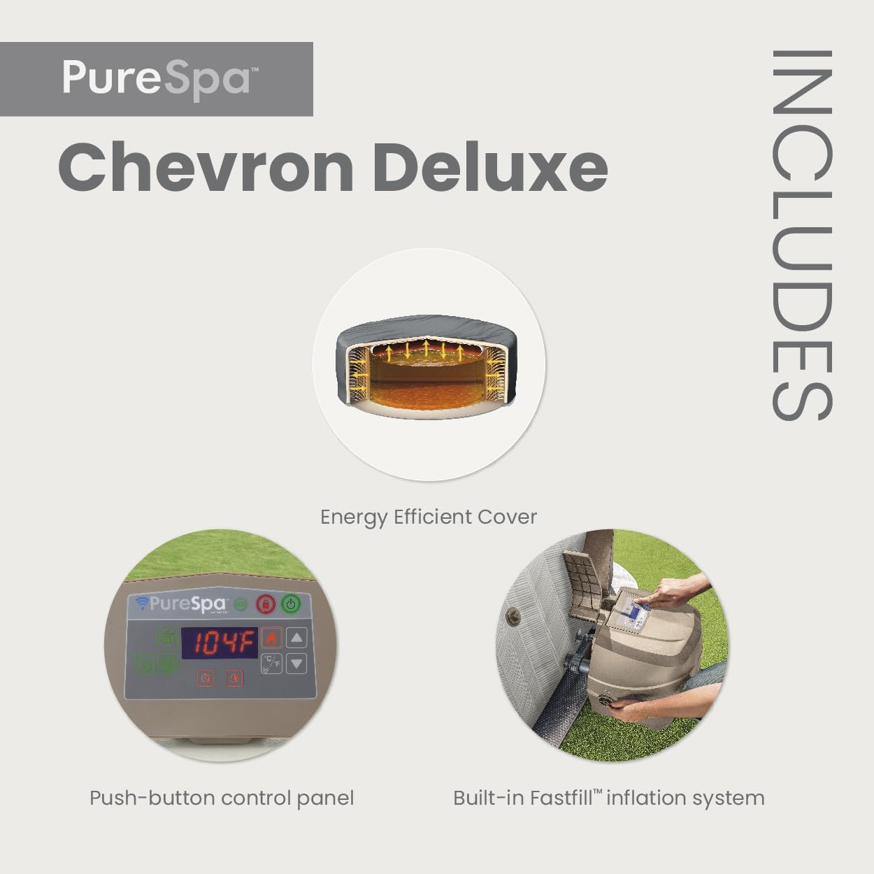 INTEX 28445EP PureSpa Chevron Deluxe Outdoor Inflatable Portable Hot Tub, Includes Energy Efficient Spa Cover, Spa Control App, FastFill Inflation System, 4 Person Capacity, 69" x 69" x 28"