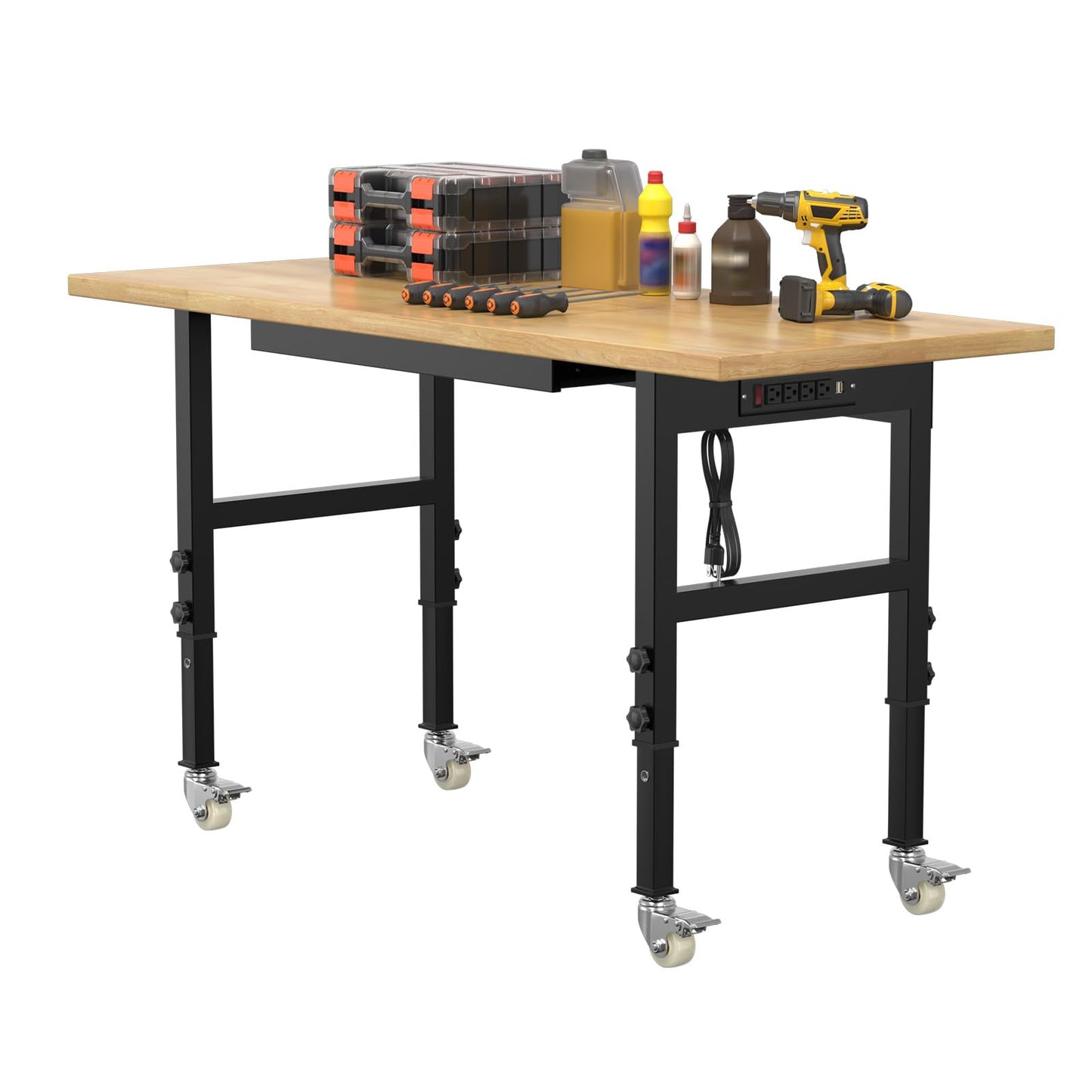 60" Adjustable Workbench,Heavy-Duty Work Table,3000 LBS Load Capacity Hardwood Workstation Outlets with Power Strips, Drawers and Wheels,for Workshop, Garage