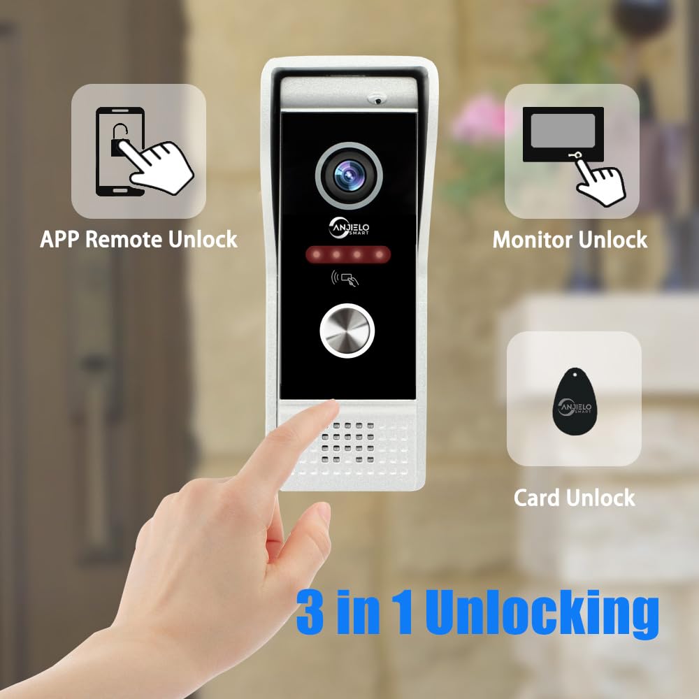 ANJIELO SMART Wired Video Intercom System,10 Inch Touch Monitor with 1080P HD Doorbell Camera,Apartment Door Phone Kit,Support Motion Detechtion RFID Card Unlocking for Home (1 doorbell + 3 Monitor)
