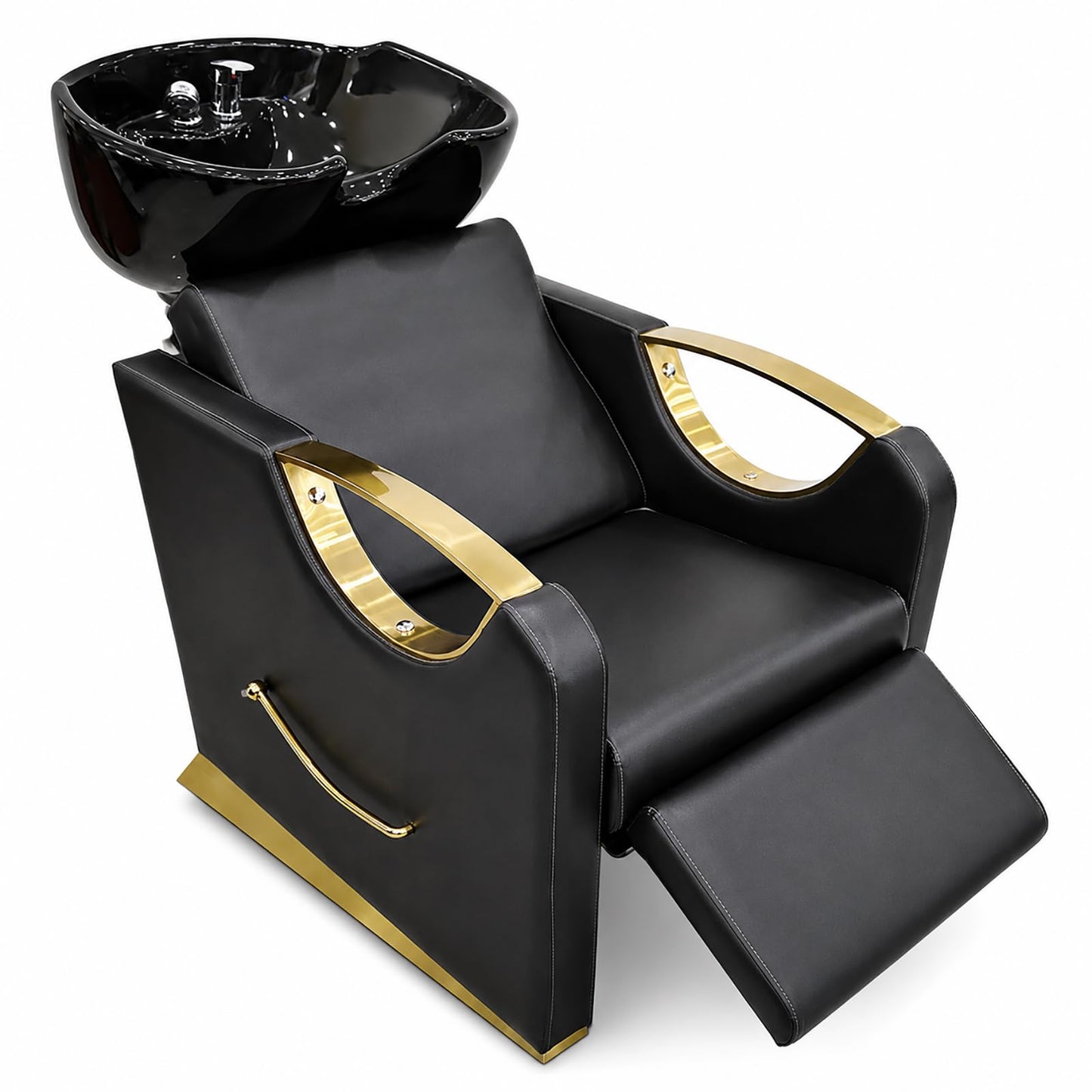 Shampoo Bowl and Chair Set, Adjustable Ceramic Backwash Unit with PU Leather Chair and Stainless Steel Armrests for Barber Shop