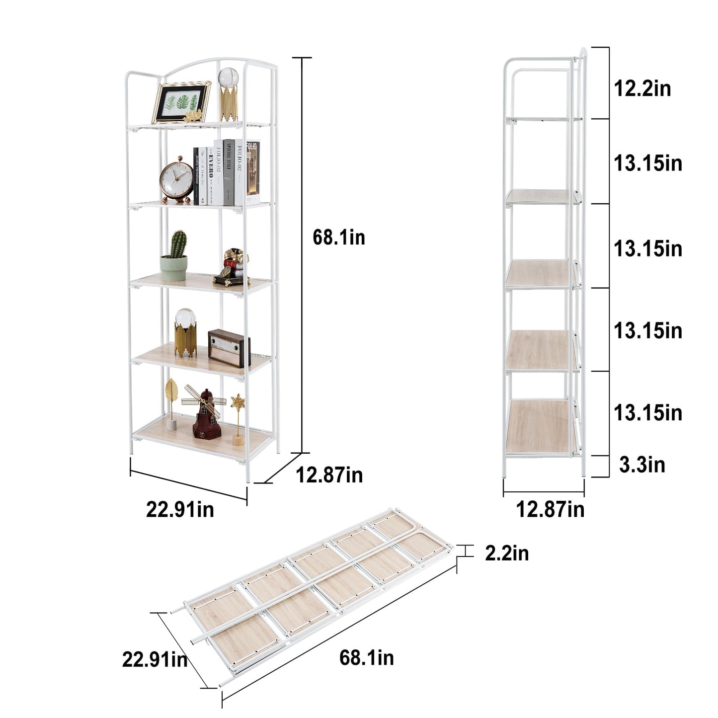 Crofy 5-Tier Foldable Bookshelf, White Frame & White Oak Shelves