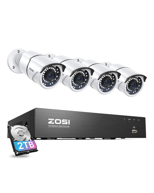 ZOSI 8CH 4K PoE Home Security Camera System, 8 Ports 16CH 8MP NVR with 2TB HDD, 4pcs 5MP Outdoor PoE IP Cameras, 100ft Night Vision, Person Vehicle Detection, Remote Access, for 24/7 Recording
