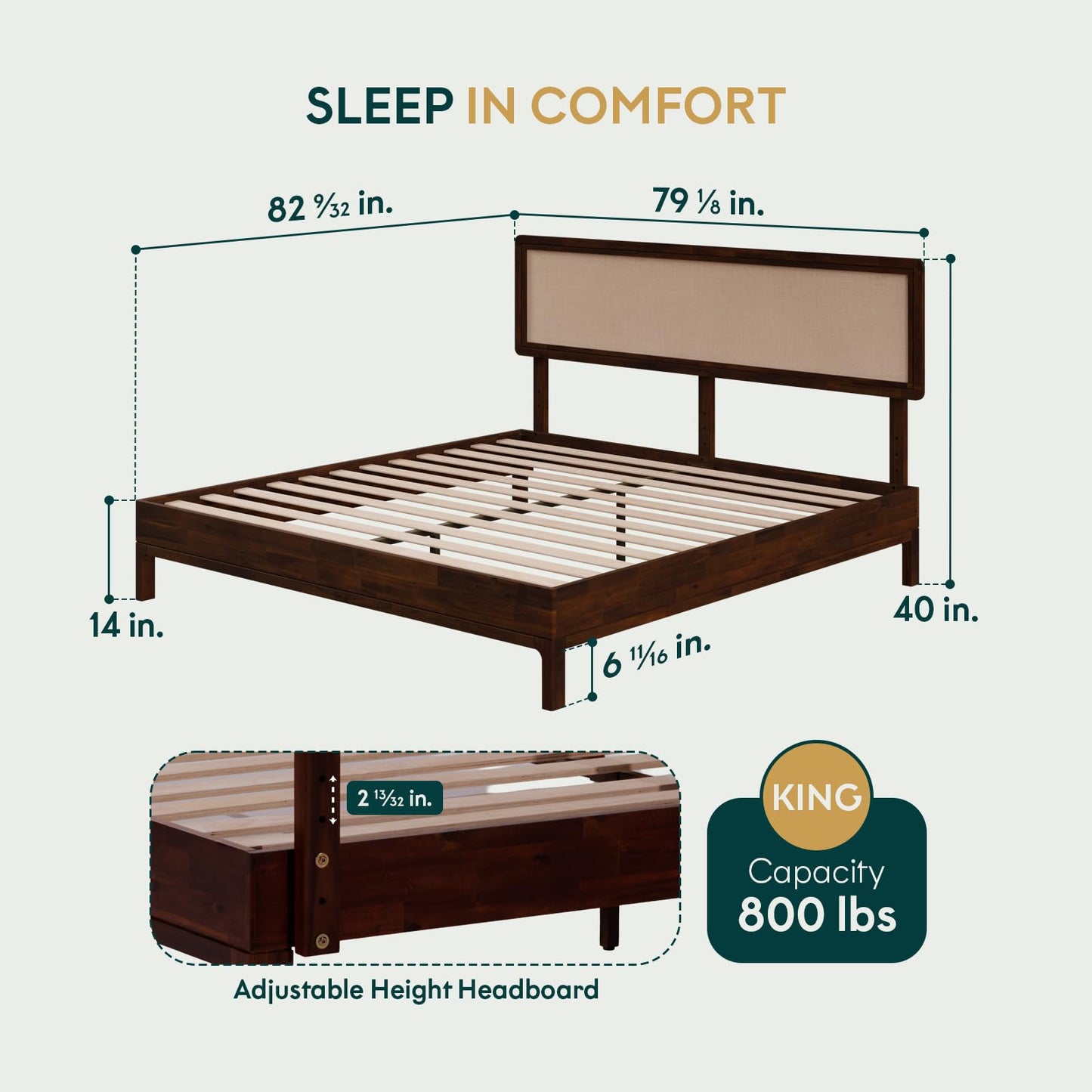 Bme Nipe King 14 Inch Bohemian Bed Frame with Adjustable Wicker Headboard - Rustic & Vintage Style with Acacia Wood - No Box Spring Needed - Easy Assembly - Walnut