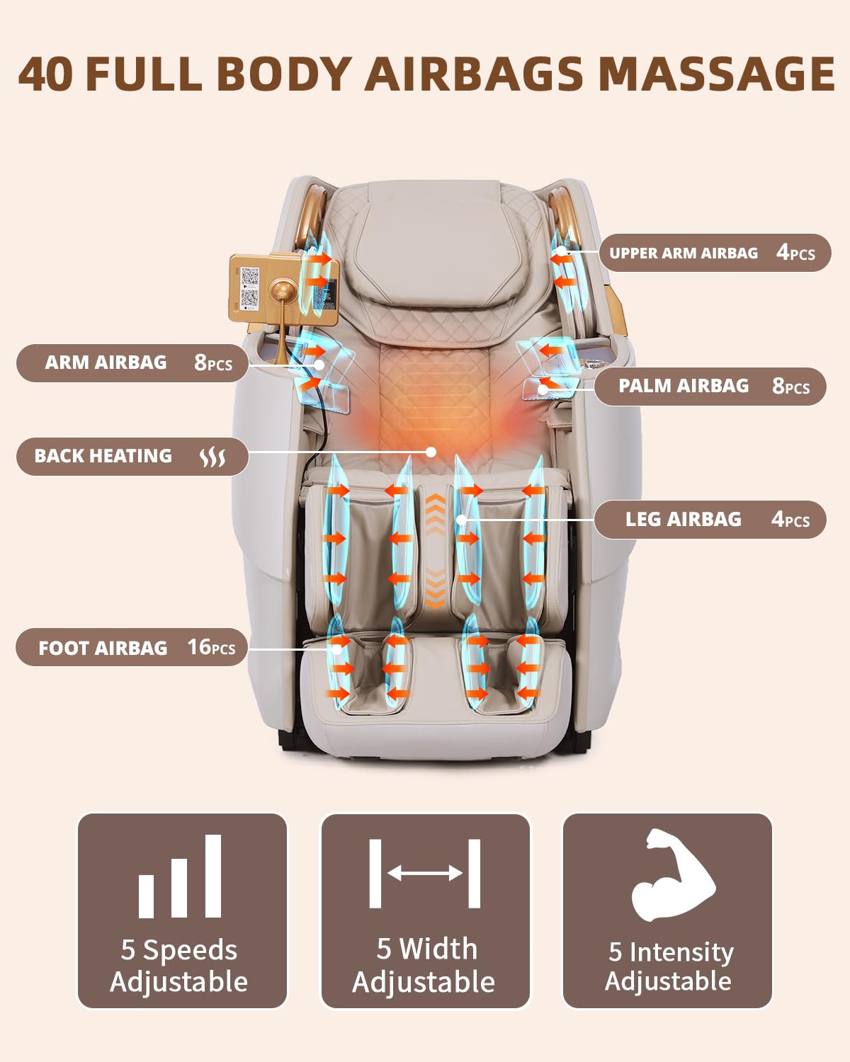 RelaxRelife Massage Chair Full Body, 4D Zero Gravity Massage Chairs, 20 Auto Modes, 11 Massage Technique, 40 Airbags Shiatsu Massage, APP Control with HiFi Bluetooth Speaker Beige