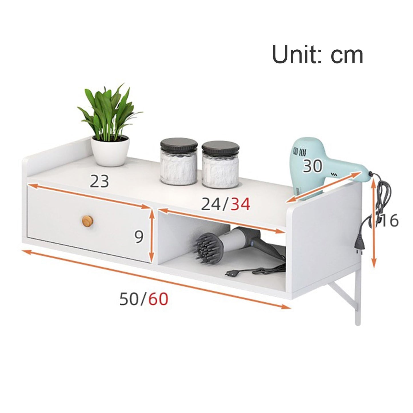 Wall Mount Salon Station - Beauty Salon Equipment with Drawer, Barber Table with Open Shelving, Stylist Storage Cabinet and Hair Dryer Holes for Hair Products