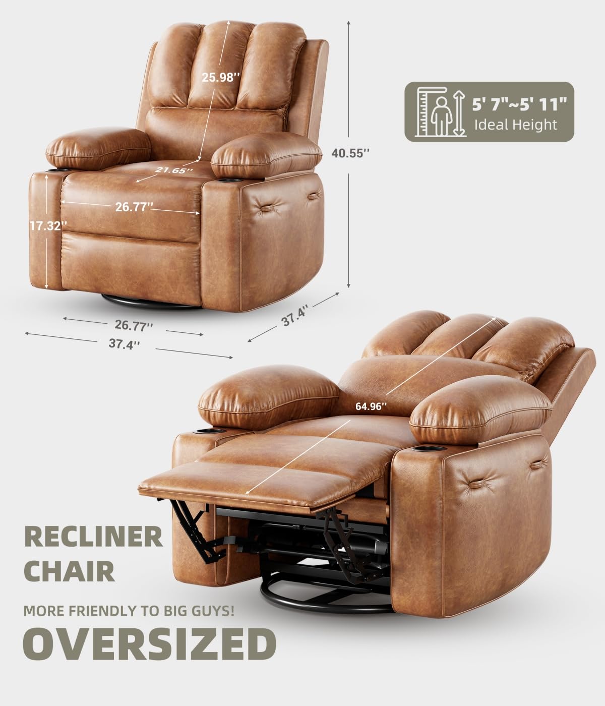 Garvee 27" Power Recliner Chair for Adults with Massage and Heat 360° Swivel Oversized Leather Recliner Chair Large Seat Width with USB Ports & Side Pockets for Living Room Bedroom, Two-Tone Retro