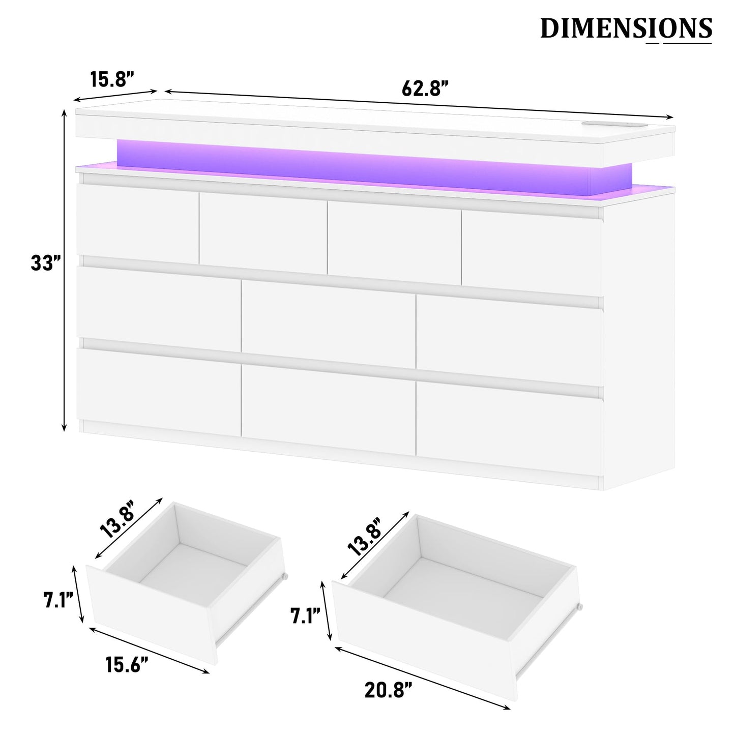 10 Drawer Dresser for Bedroom, 63“ Wide 34” Tall Drawer Organizer Cabinet with LED Light and Charge Station, Modern Chest of Drawers for Closet, Living Room, Entryway, Hallway (White, 10 Drawers)
