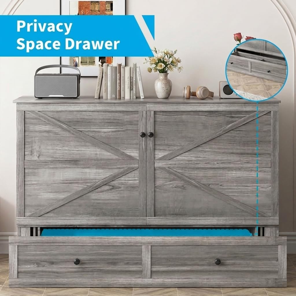Mjkone Full Size Murphy Bed Cabinet with 5” Tri-Folding Foam Mattress, Foldable Convertible Chest Cabinet Wall Bed with Drawers & USB Charging Station for Small Spaces, Guest Room, Studio, Grey