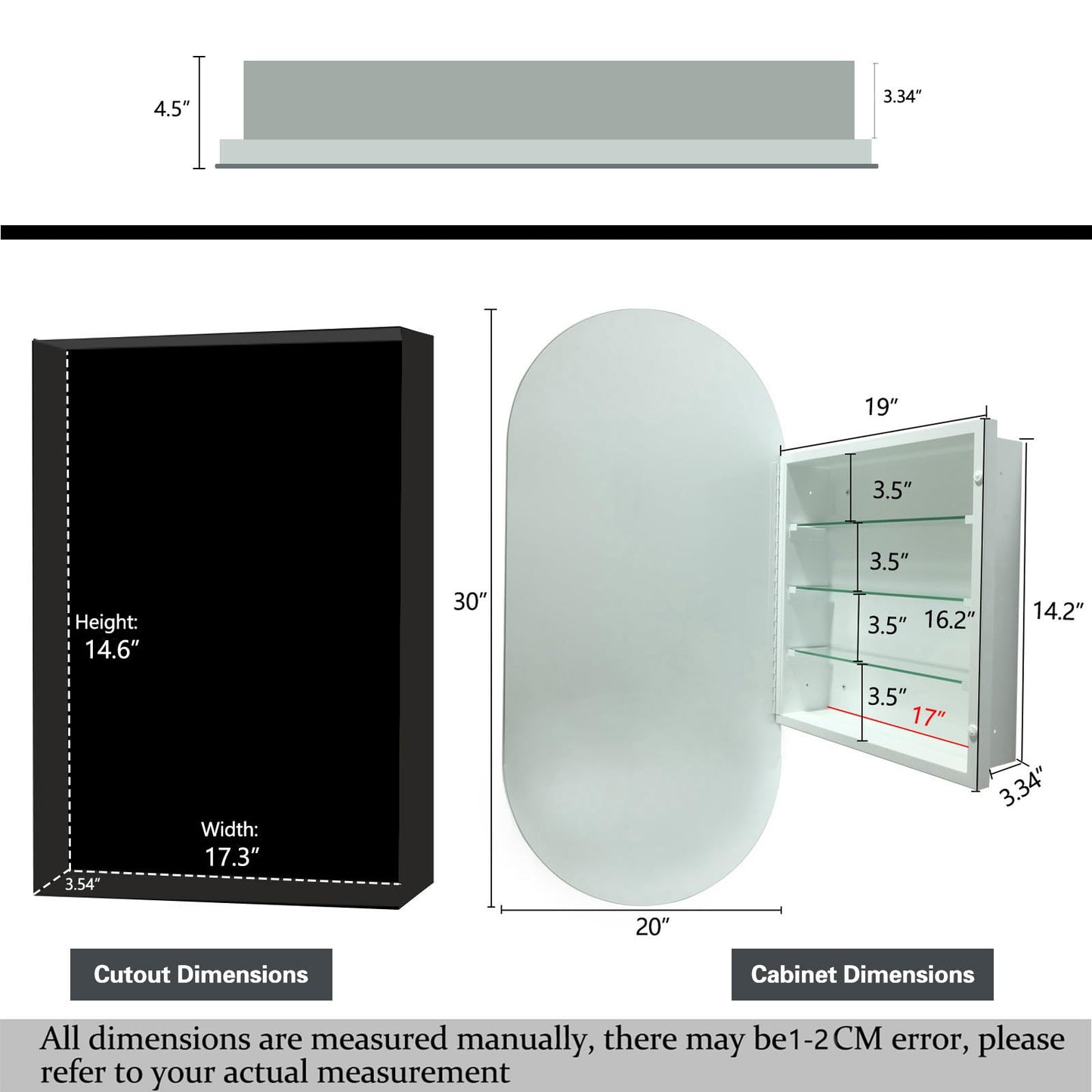 HESONTH 20x30 Inch Oval Frameless Mirror Cabinet,Bathroom Medicine Cabinet with Frameless Mirror, Wall Mounted Cabinet for Bathroom Toilet Kitchen,Recess or Surface Mount Installation