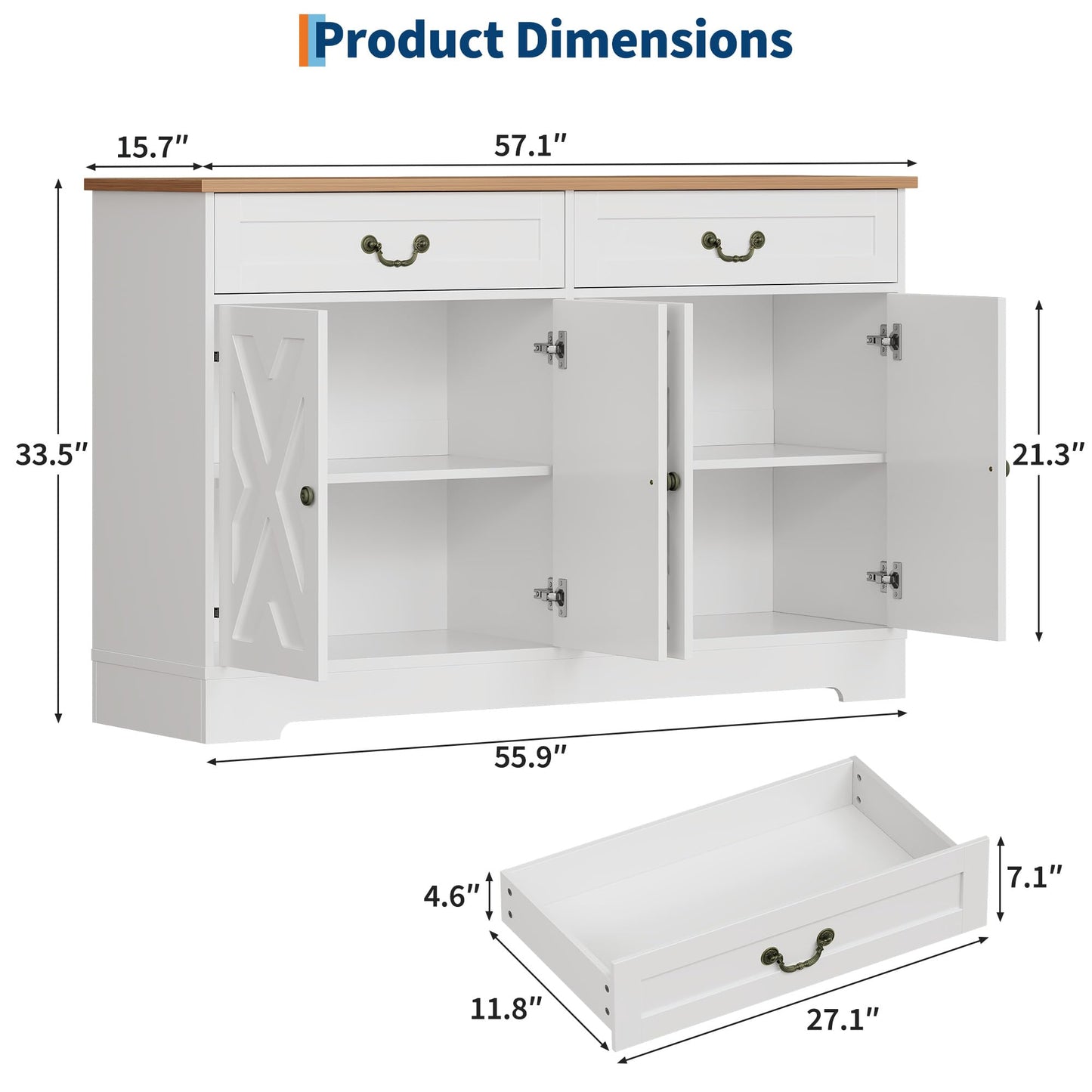IDEALHOUSE 57 Inch Farmhouse Buffet Cabinet with Storage, White Sideboard with 4 Doors & 2 Drawers, Adjustable Shelves Coffee Bar Cabinet, Multi-Functional Storage for Living Room & Dining Room