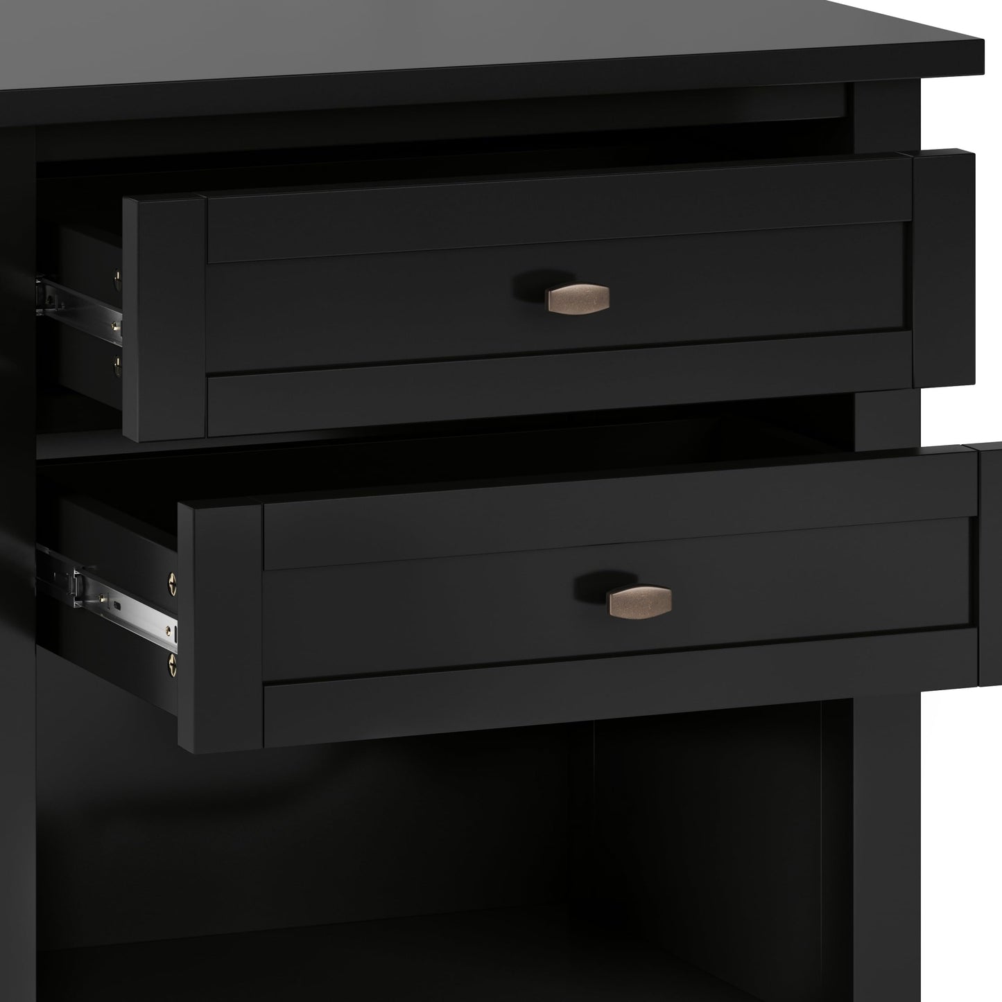 SIMPLIHOME Warm Shaker Bedside Table - 24 inch Wide Solid Wood Nightstand in Black, Transitional Bedroom Side or End Table with 2 Drawers, Open Shelf Storage and Bronze Hardware