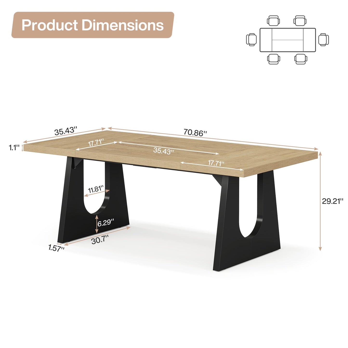 Tribesigns Large Dining Table for 6-8 People, 70.9-Inch Wood Rustic Rectangular Table with Black Wooden Legs, Farmhouse Center Kitchen Table for Dining Room, Living Room, Home Furniture, Oak and Black