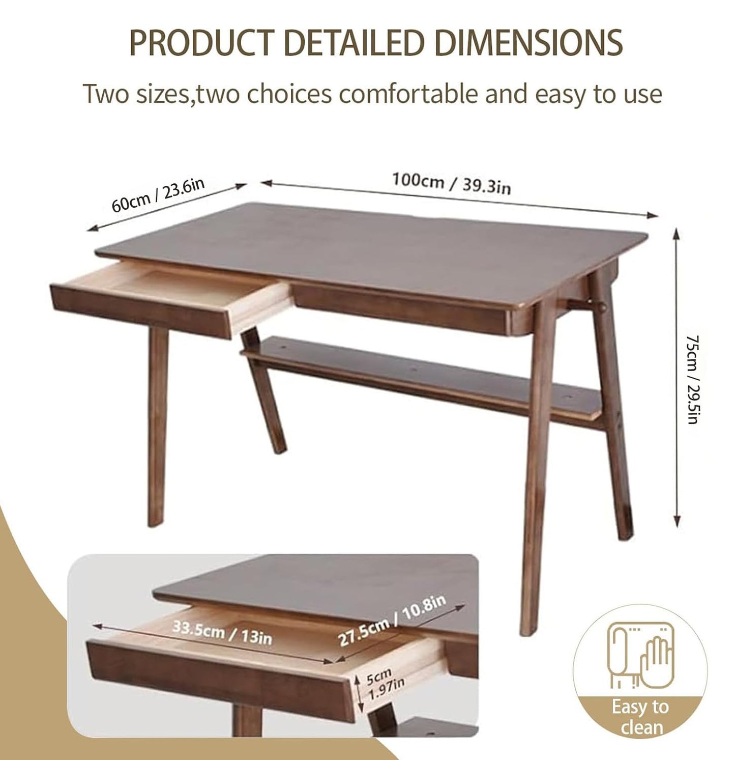 BuyUp Mid-Century 39" Desk Solid Wood Writing Desk with 2 Drawers and Lower Shelf, Home Office Table for Study or Work or Dining with 2 Hanging Rod, Natural