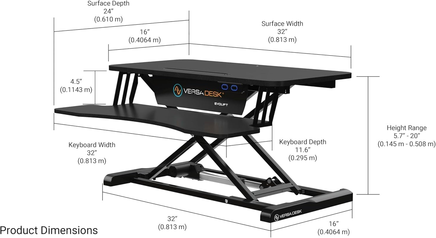 VERSADESK EvoLift 32" Electric Standing Desk Converter, Sit to Stand Motorized Desk Riser, 1-Button Easy Lift, Dual Monitor Workstation, Wide Keyboard Tray, Built-in Device Stand, Black