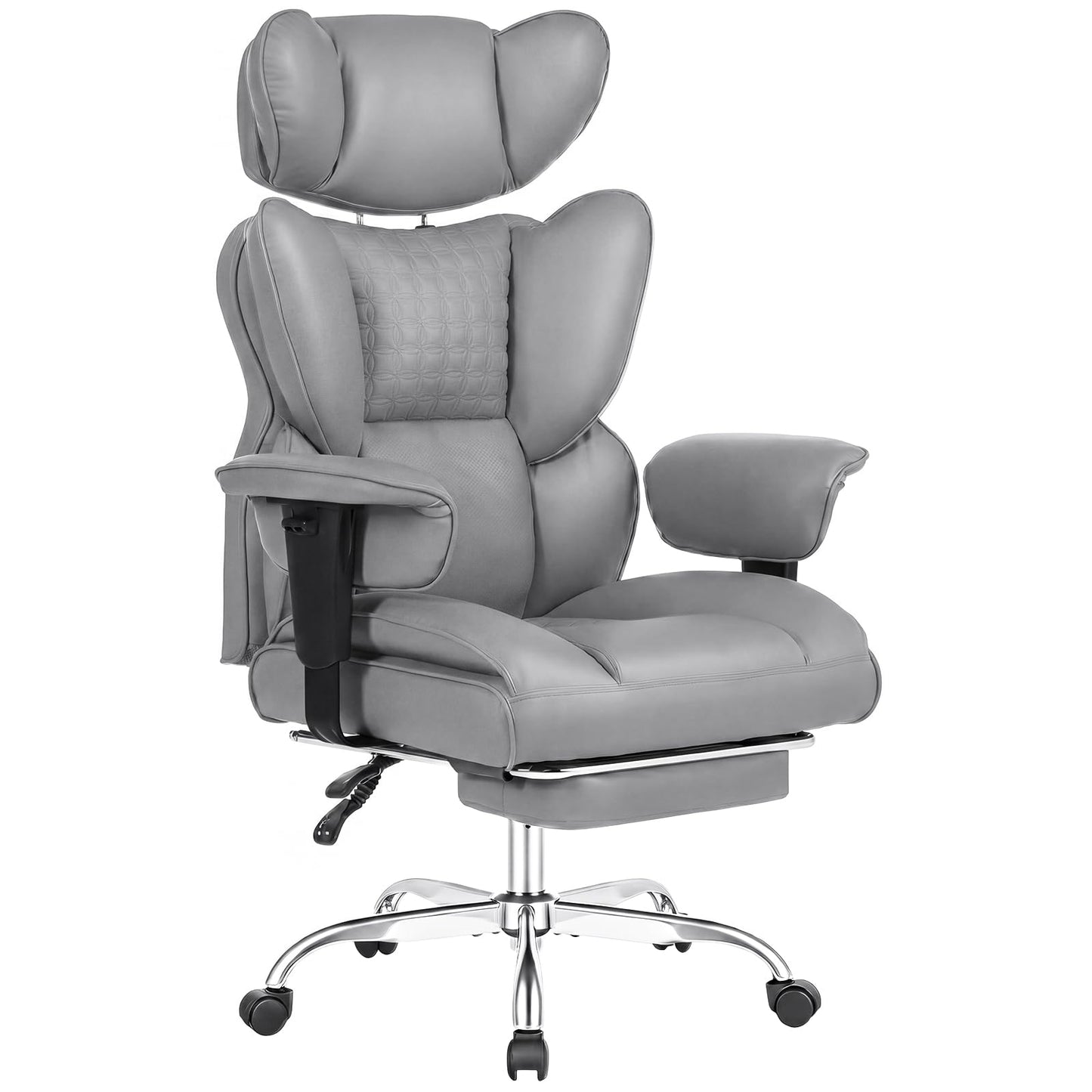 DUMOS Big and Tall Home Office Desk Chair, Gaming Computer Chair, Executive Ergonomic Chair with Footrest, High Back Reclining, Adjustable Armrests and Comfy Lumbar Support, PU Leather, Grey