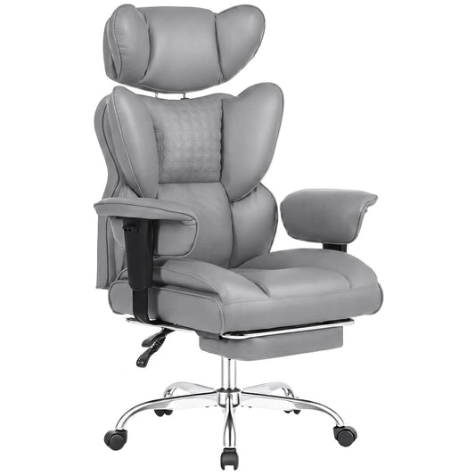 DUMOS Big and Tall Home Office Desk Chair, Gaming Computer Chair, Executive Ergonomic Chair with Footrest, High Back Reclining, Adjustable Armrests and Comfy Lumbar Support, PU Leather, Grey