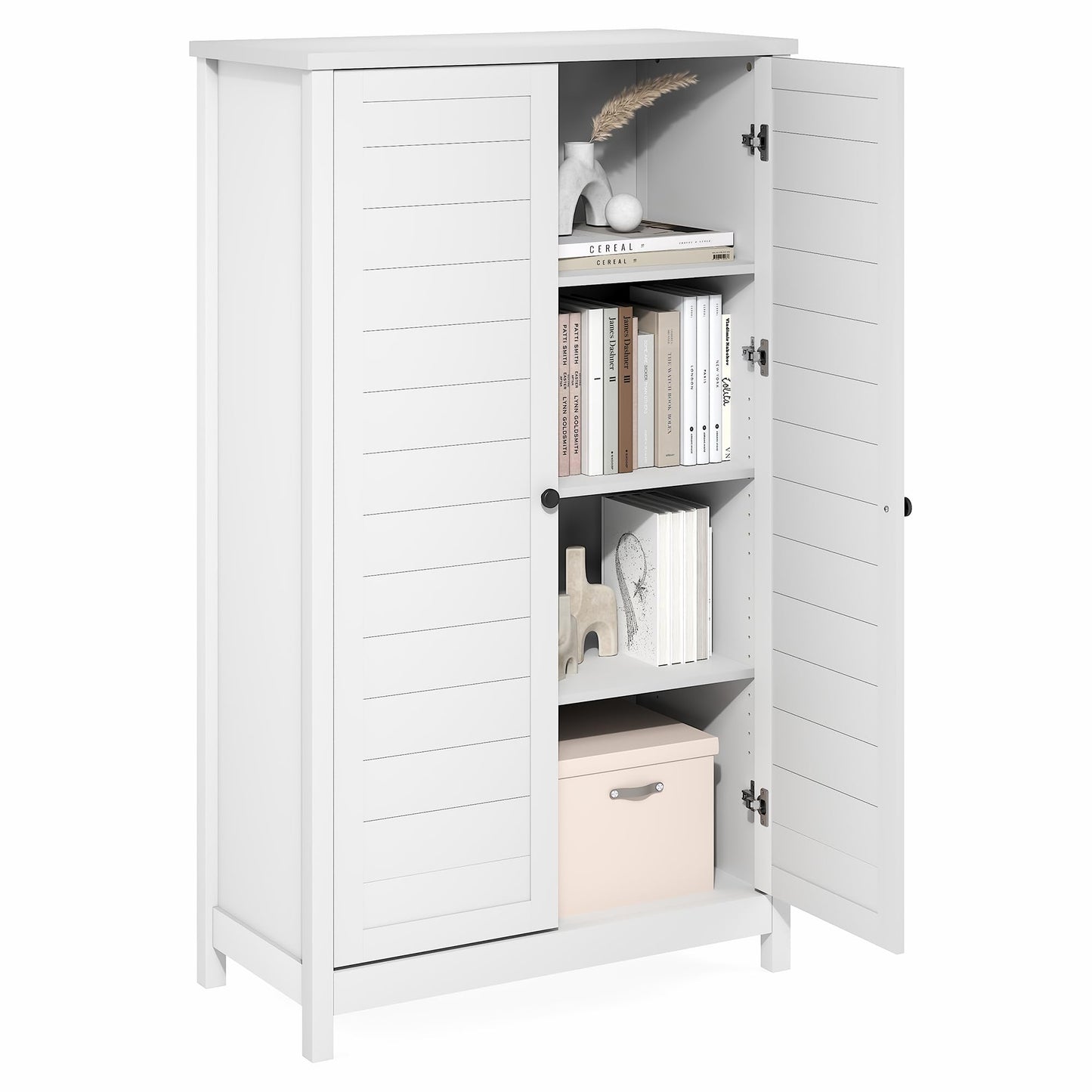 Furinno Robin Storage Cabinet, 4-Tier Pantry Cabinet with Adjustable Shelves, 35W with Louvered Doors, Kitchen Cabinet, Organization and Storage, for Pantry, Living Room, Home Office, White
