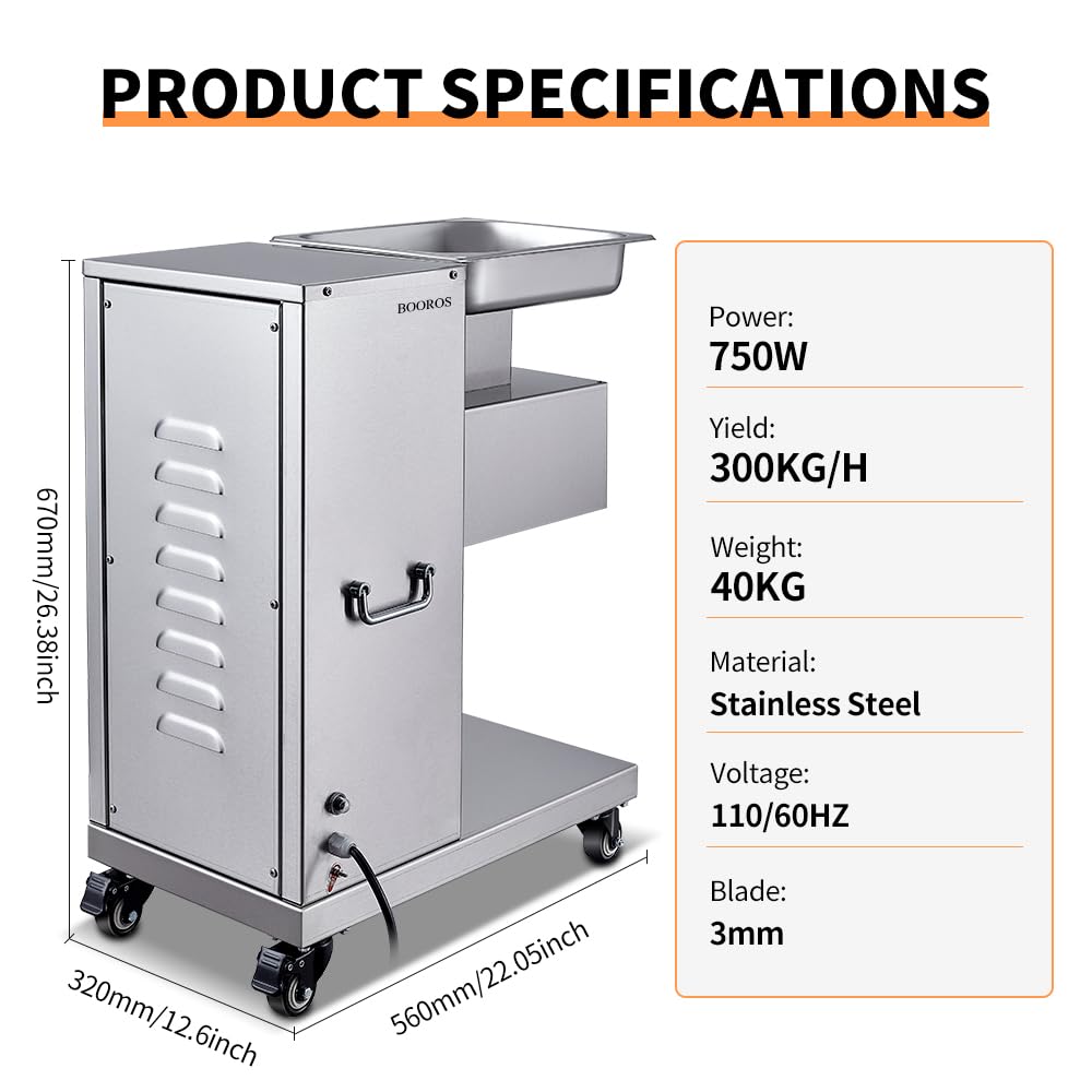 BOOROS Commercial Meat Cutter Machine 750W Electric Vertical Stainless Steel Meat Slicer 130L Commercial Meat Cutting Machine,1100lb/h,Equipped with 3mm Blade for Kitchen,Restaurants,Supermarket 110V