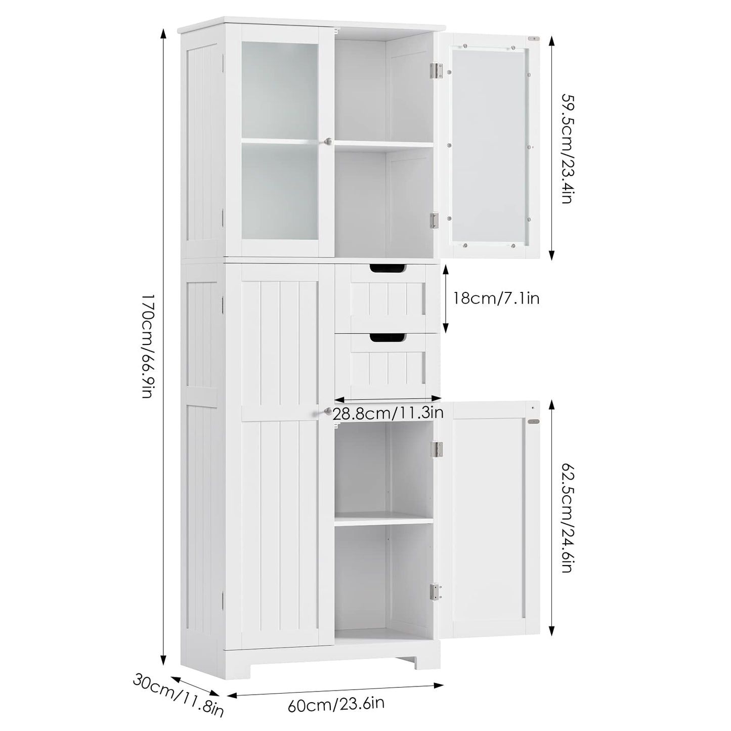 BOTLOG 67'' Tall Bathroom Storage Cabinet, Linen Cabinet with Glass Doors and Adjustable Shelves, Kitchen Pantry with 2 Drawers for Bathroom, Living Room, Dining Room, White