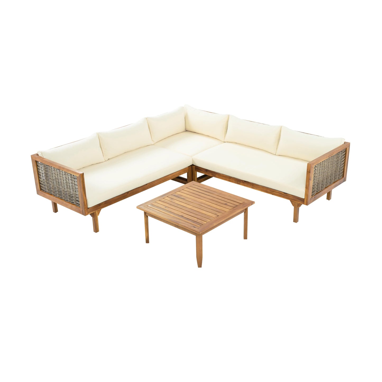 Merax Acacia Wood Outdoor Patio Furniture Set with L Shape Sectional Sofa and Coffee Table for Garden, Backyard, Porch and Balcony
