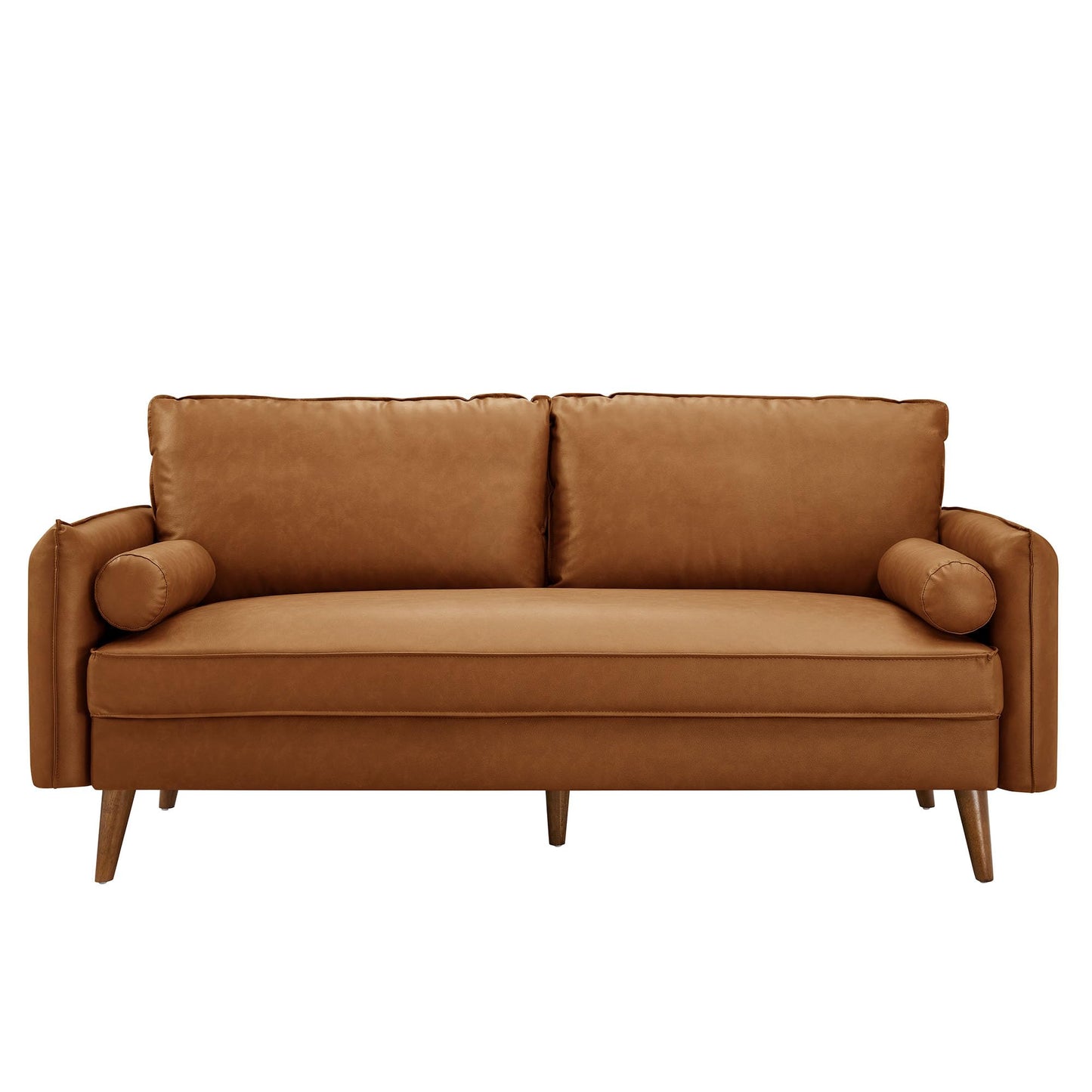 Modway Revive 72 Inch Faux Leather Sofa in Tan – 3 Seater PU Leather Couch with Cozy Wide Seats - Mid-Century Modern Upholstered Sofa for Living Room or Office