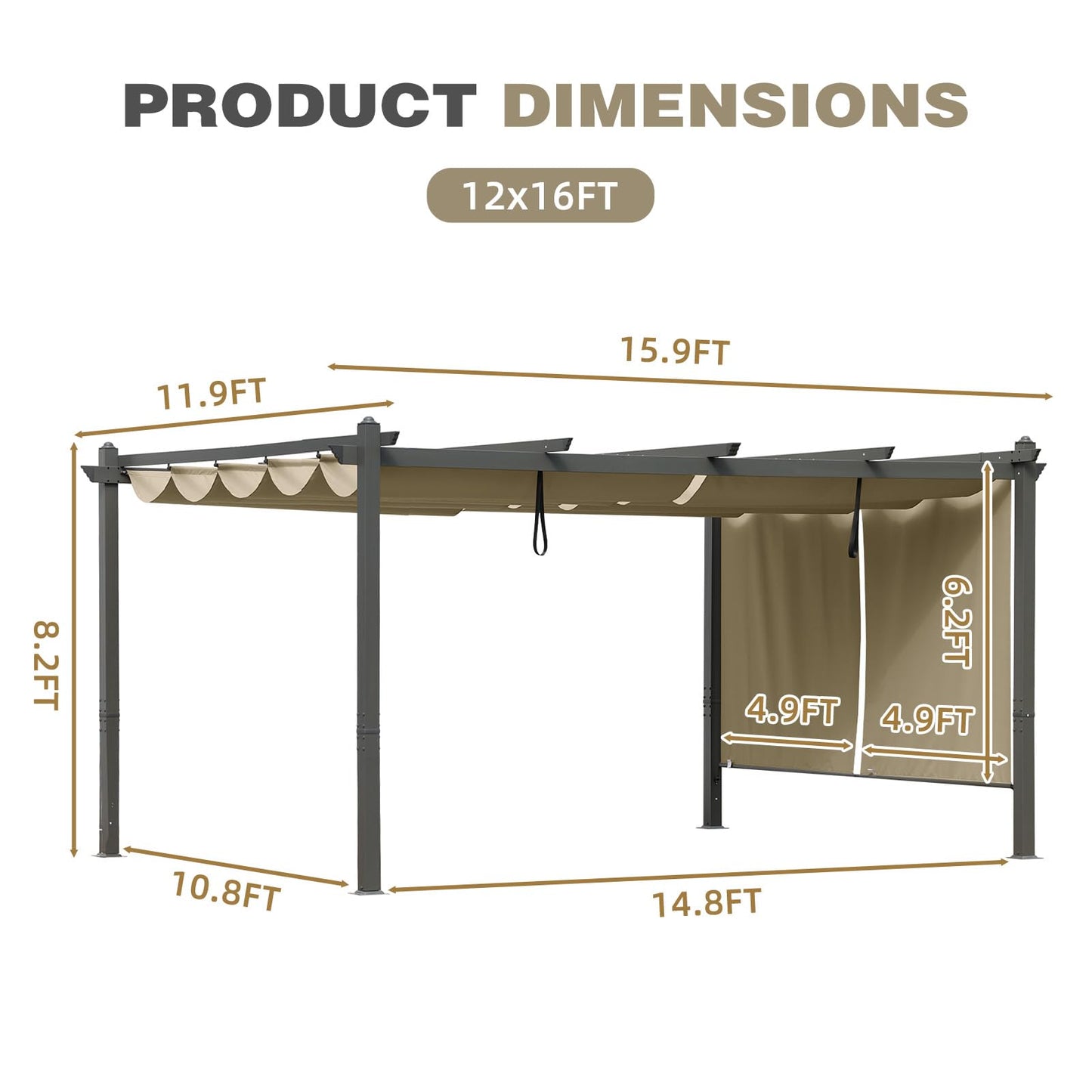 BPS 12x16 FT Outdoor Pergola - Retractable Shade Canopy with Aluminum Frame & Roller Shade Curtains for Patio, Backyard, or Deck, Khaki