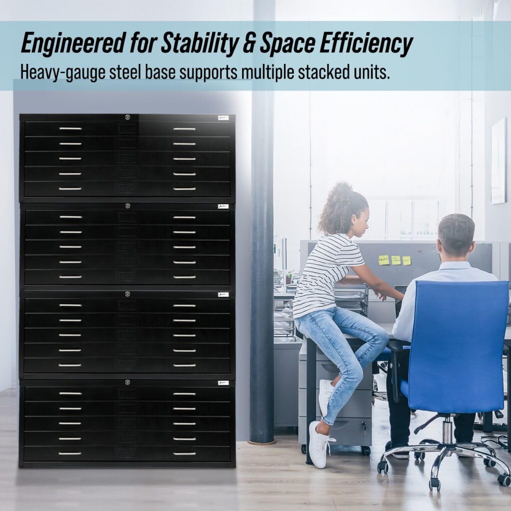 AdirOffice Flat File Cabinet - Heavy Duty 5-Drawer Blueprint Sheets Storage, 35" x 46" Great for Documents Sized 30” x 42”, Ideal for Artists, Art Files, Engineers, Architects, Offices - Black