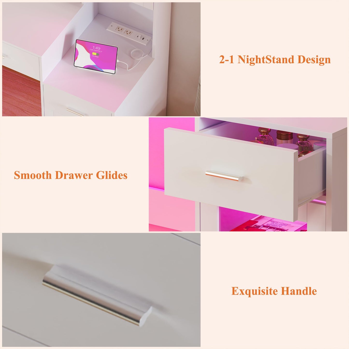 HUAHUU Large Vanity Desk with Mirror & Lights, 54.3'' Makeup Vanity with 4 RGB Cabinets and 4 Drawers, White Vanity Set with LED Lights and Power Outlet, 3 Lighting Modes, Adjustable Brightness