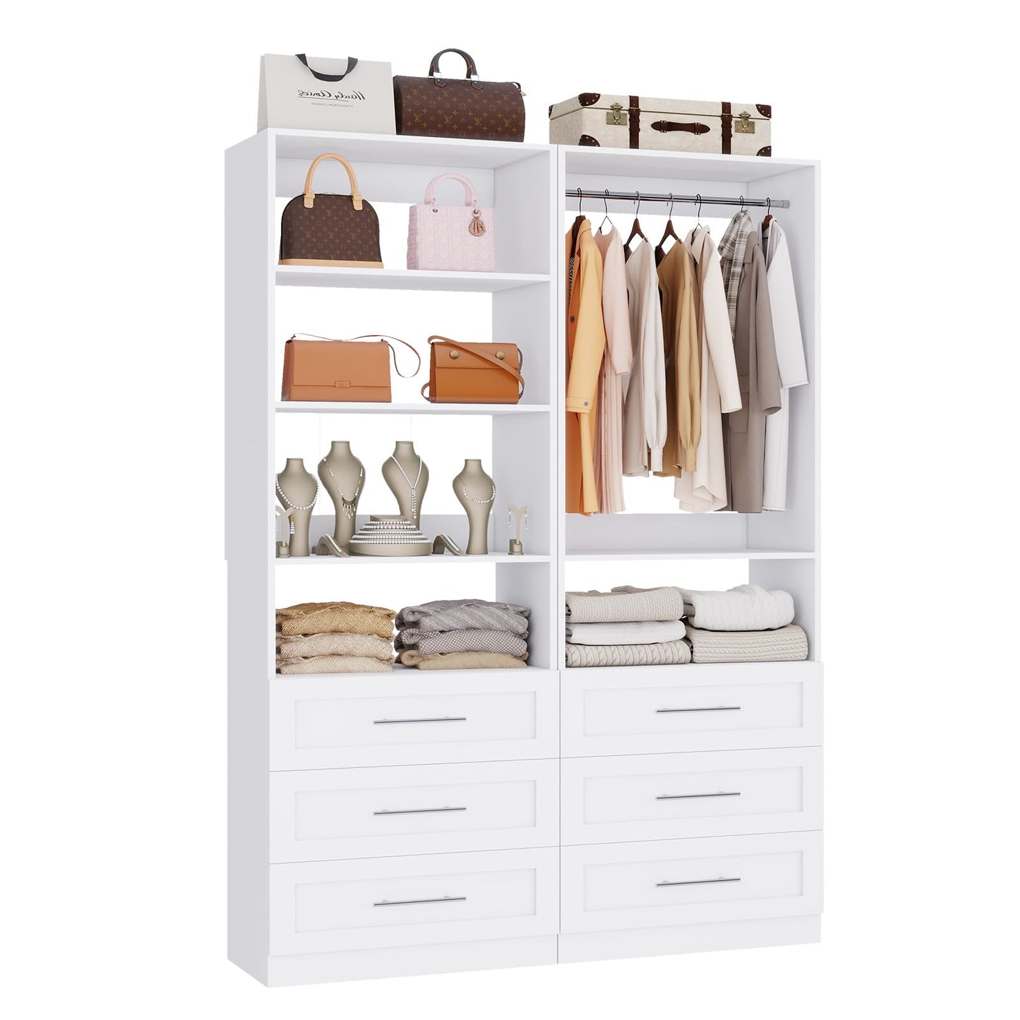 Closet System with 6 Drawers, Wood Closet Organizer System, Walk-in Closet or Small Closet System with Shelves, Modular Closet Systems with 3 Expandable Hanging Rods, 2 Sets, White (4FT)