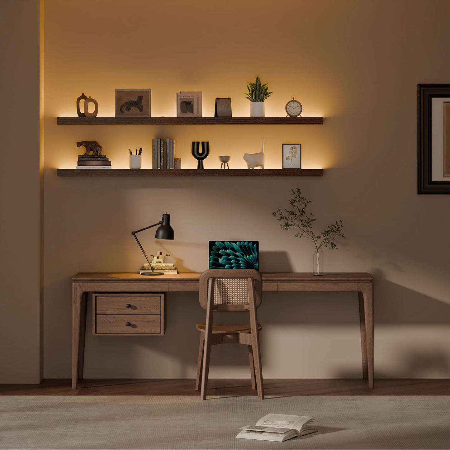ONOTETUT 60 inch LED Gaming Floating Shelves for Wall,Solid Wood Long Wall Shelves Set of 2 with Light for Gaming Room,Walnut Rustic Wall Mounted Shelves for Living Room Bedroom Kitchen Garage